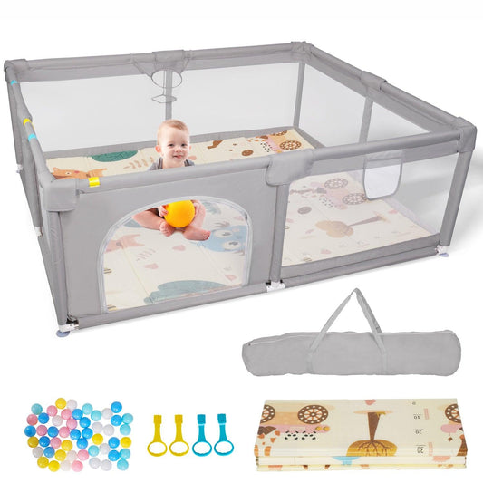 Baby Playpen with Mat Portable Play Pens Baby Play Yards with Breathable Mesh, Gray