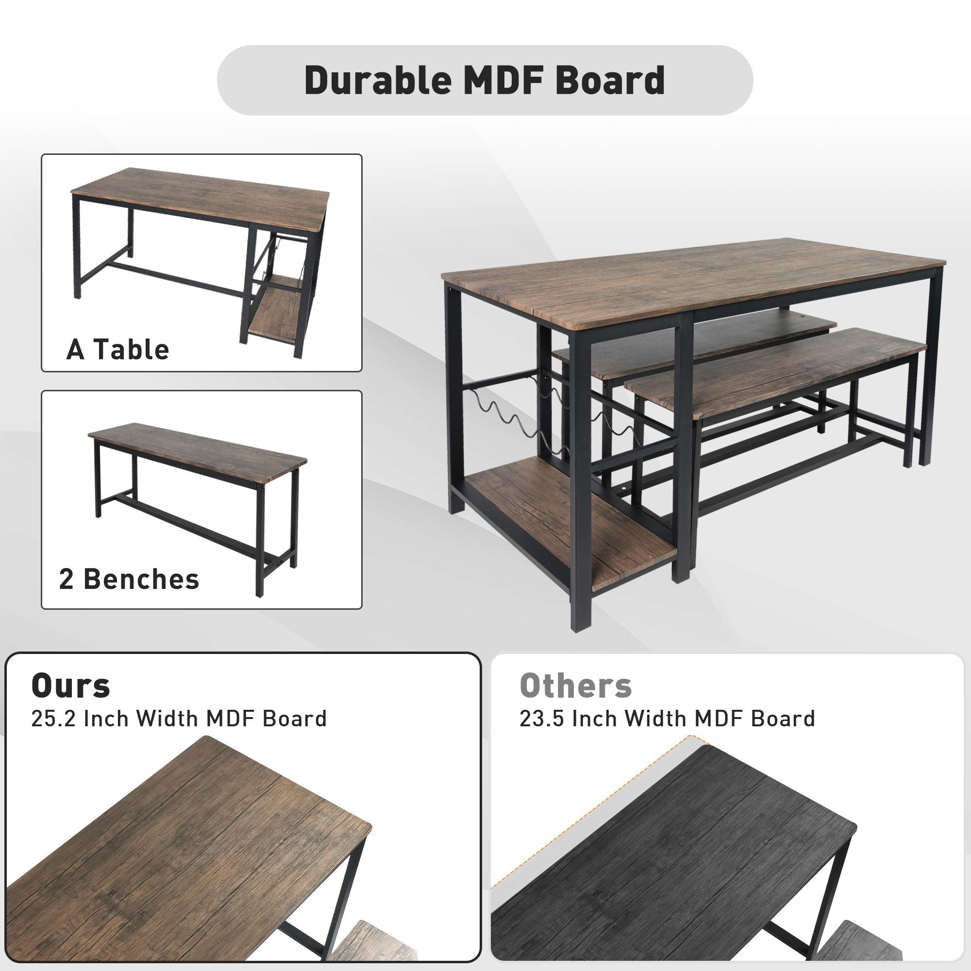3 Piece Dining Table Set for 4, 55" Rustic Kitchen Table with 2 Benches, Pub Dining Table with Wine Rack, Glass Holder - Luckyermore