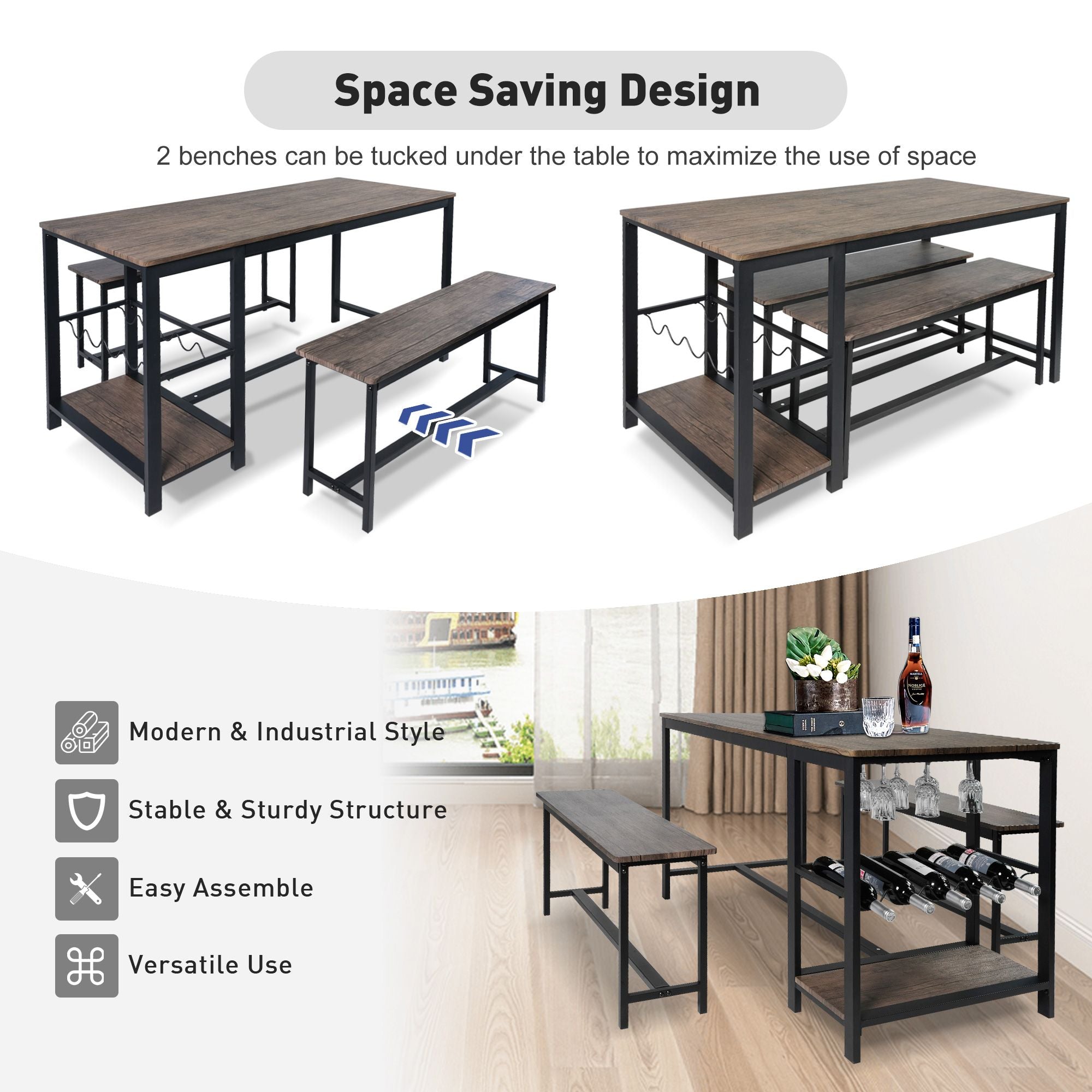 3 Piece Dining Table Set for 4, 55" Rustic Kitchen Table with 2 Benches, Pub Dining Table with Wine Rack, Glass Holder - Luckyermore