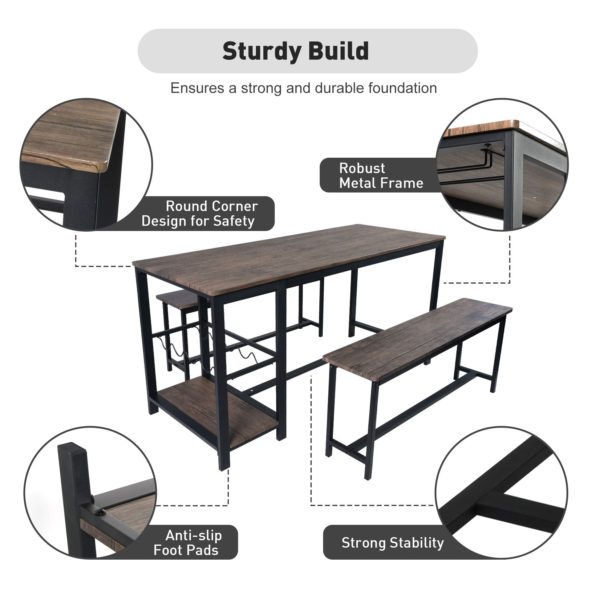 3 Piece Dining Table Set for 4, 55" Rustic Kitchen Table with 2 Benches, Pub Dining Table with Wine Rack, Glass Holder - Luckyermore