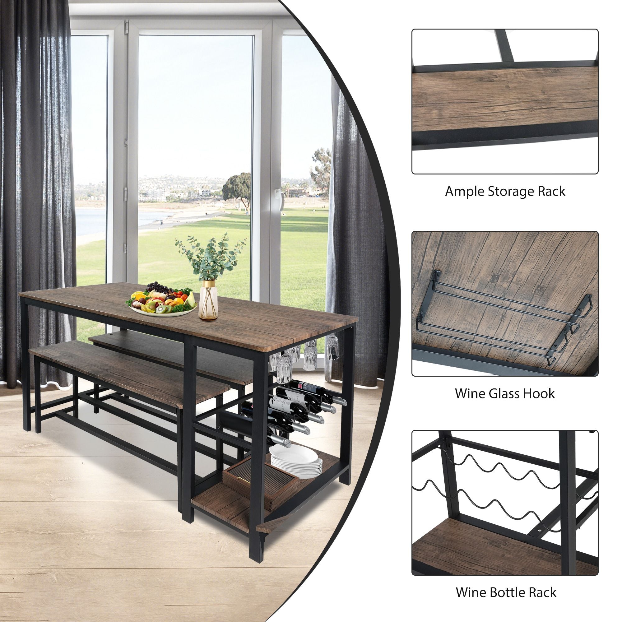 3 Piece Dining Table Set for 4, 55" Rustic Kitchen Table with 2 Benches, Pub Dining Table with Wine Rack, Glass Holder - Luckyermore