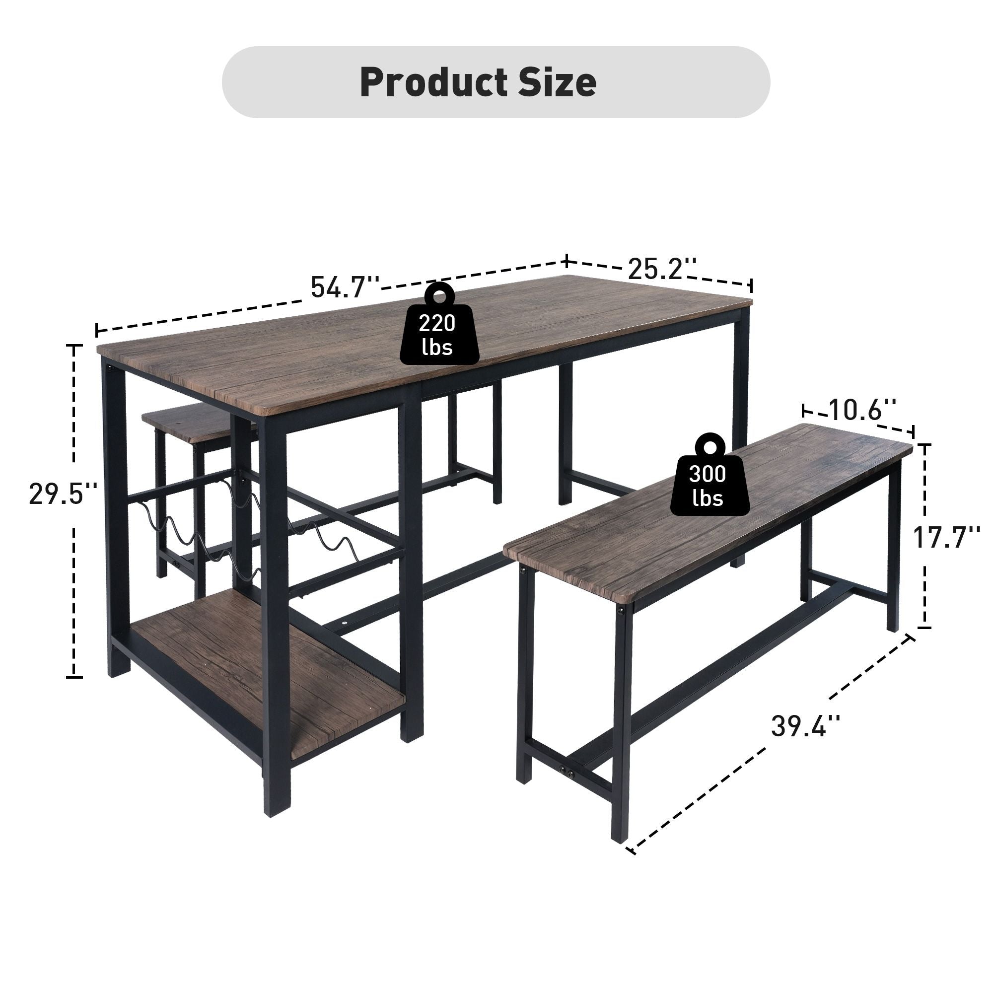 3 Piece Dining Table Set for 4, 55" Rustic Kitchen Table with 2 Benches, Pub Dining Table with Wine Rack, Glass Holder - Luckyermore