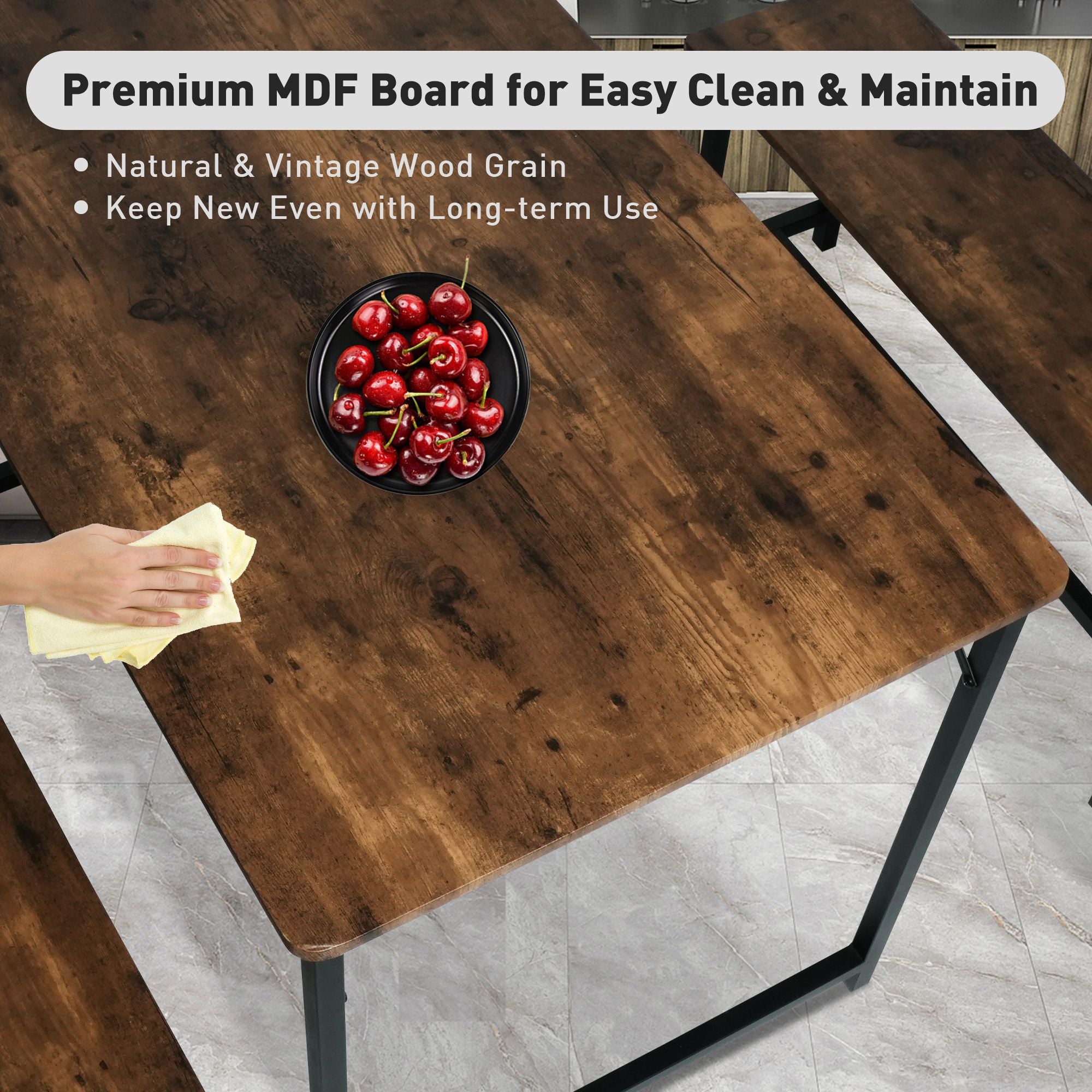 3 Piece Dining Table Set for 4, 43" Rustic Kitchen Table with 2 Benches, Space-Saving Dinette for Small Space - Luckyermore