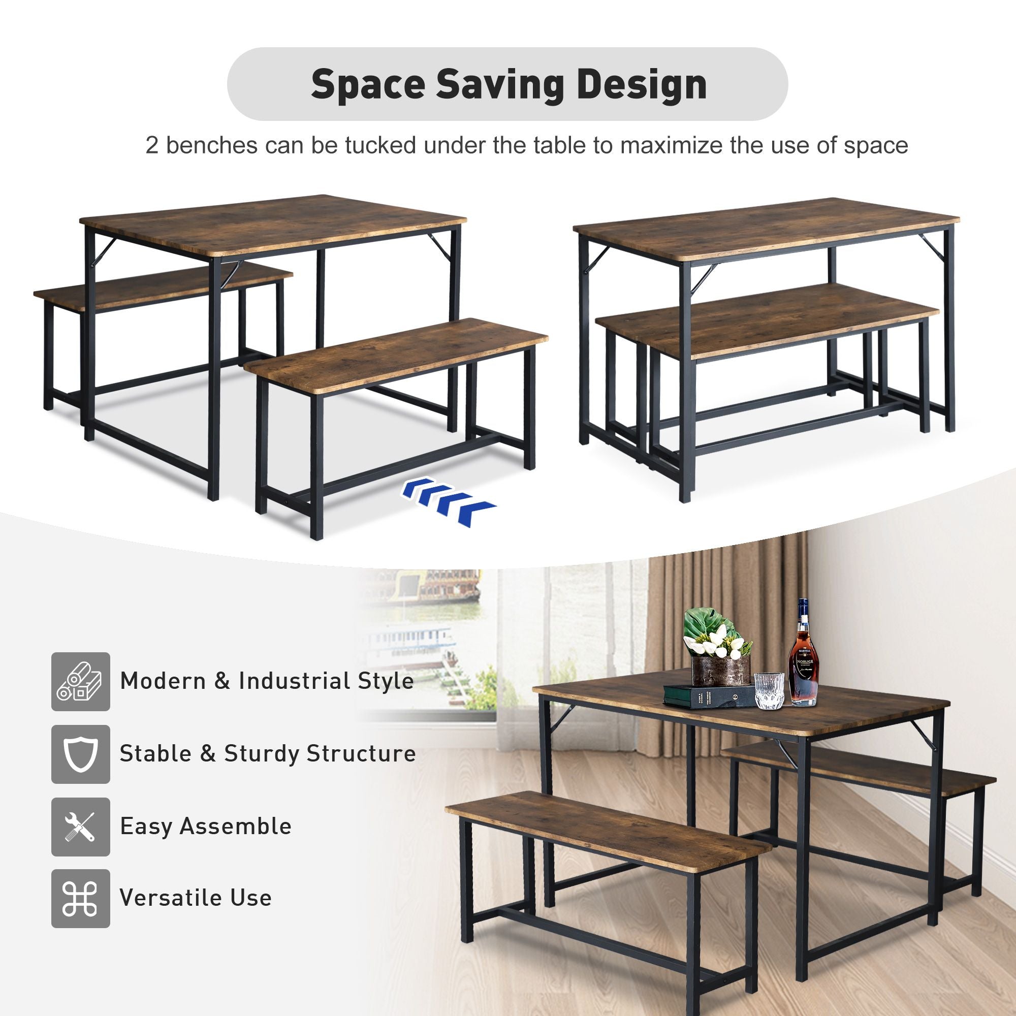 3 Piece Dining Table Set for 4, 43" Rustic Kitchen Table with 2 Benches, Space-Saving Dinette for Small Space - Luckyermore