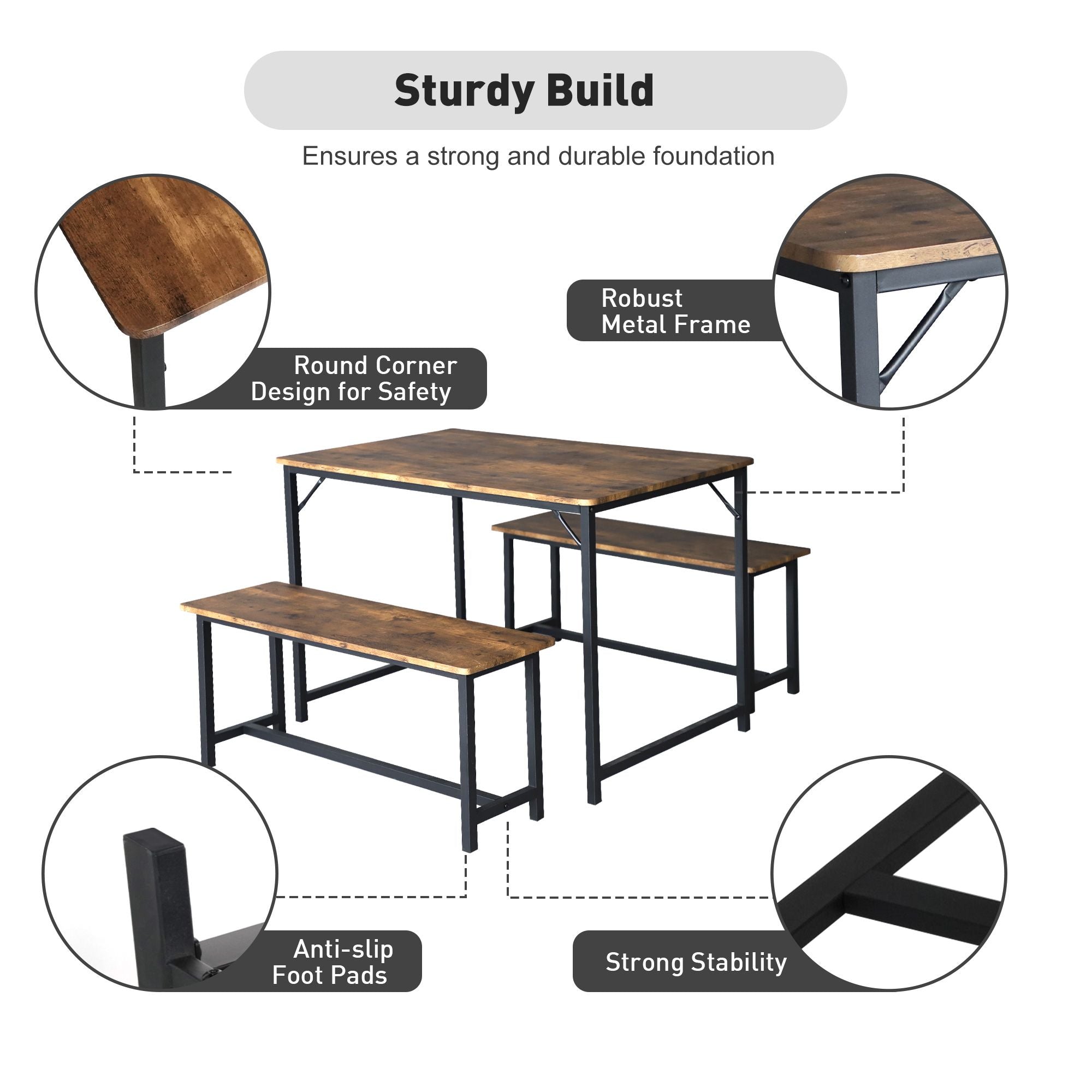 3 Piece Dining Table Set for 4, 43" Rustic Kitchen Table with 2 Benches, Space-Saving Dinette for Small Space - Luckyermore