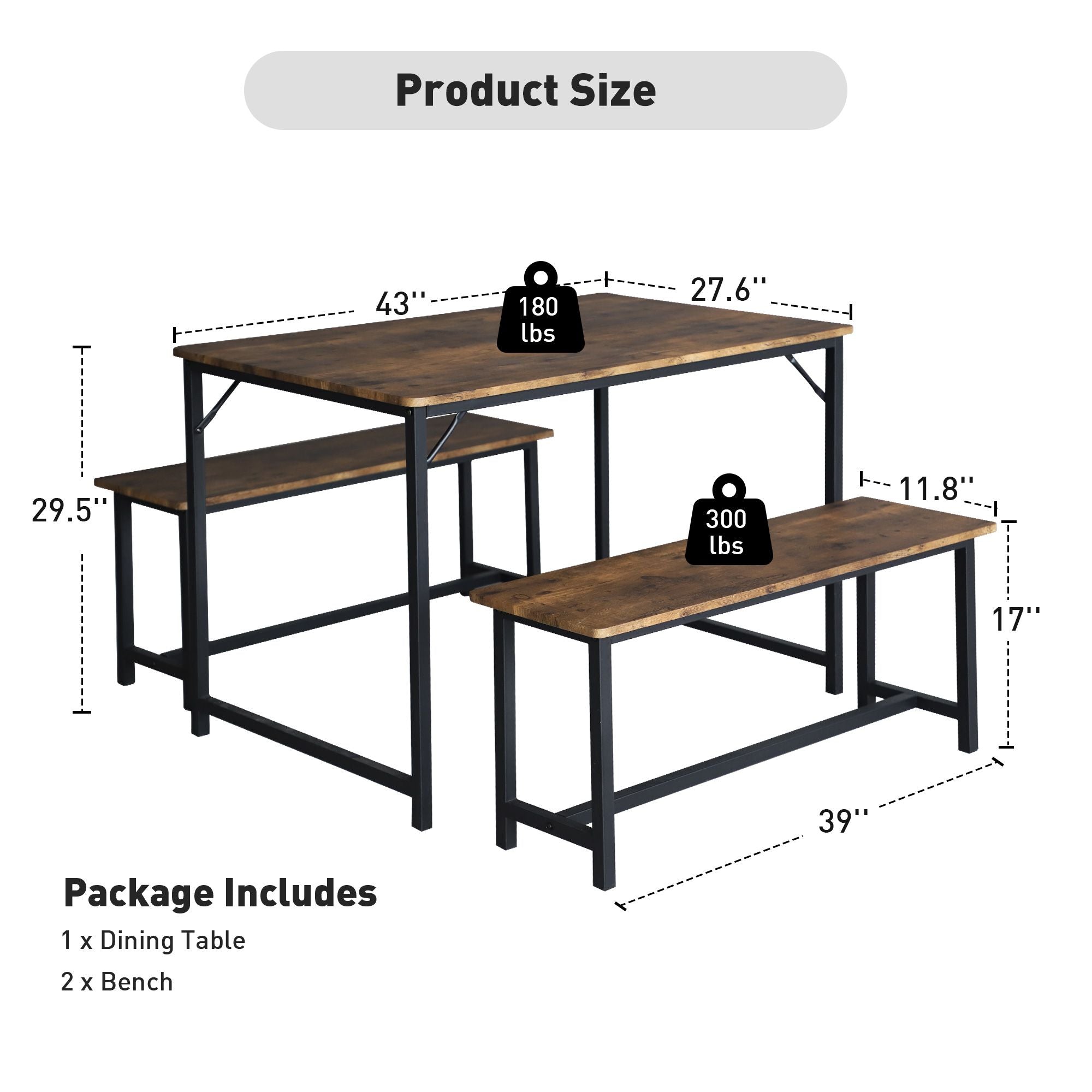 3 Piece Dining Table Set for 4, 43" Rustic Kitchen Table with 2 Benches, Space-Saving Dinette for Small Space - Luckyermore