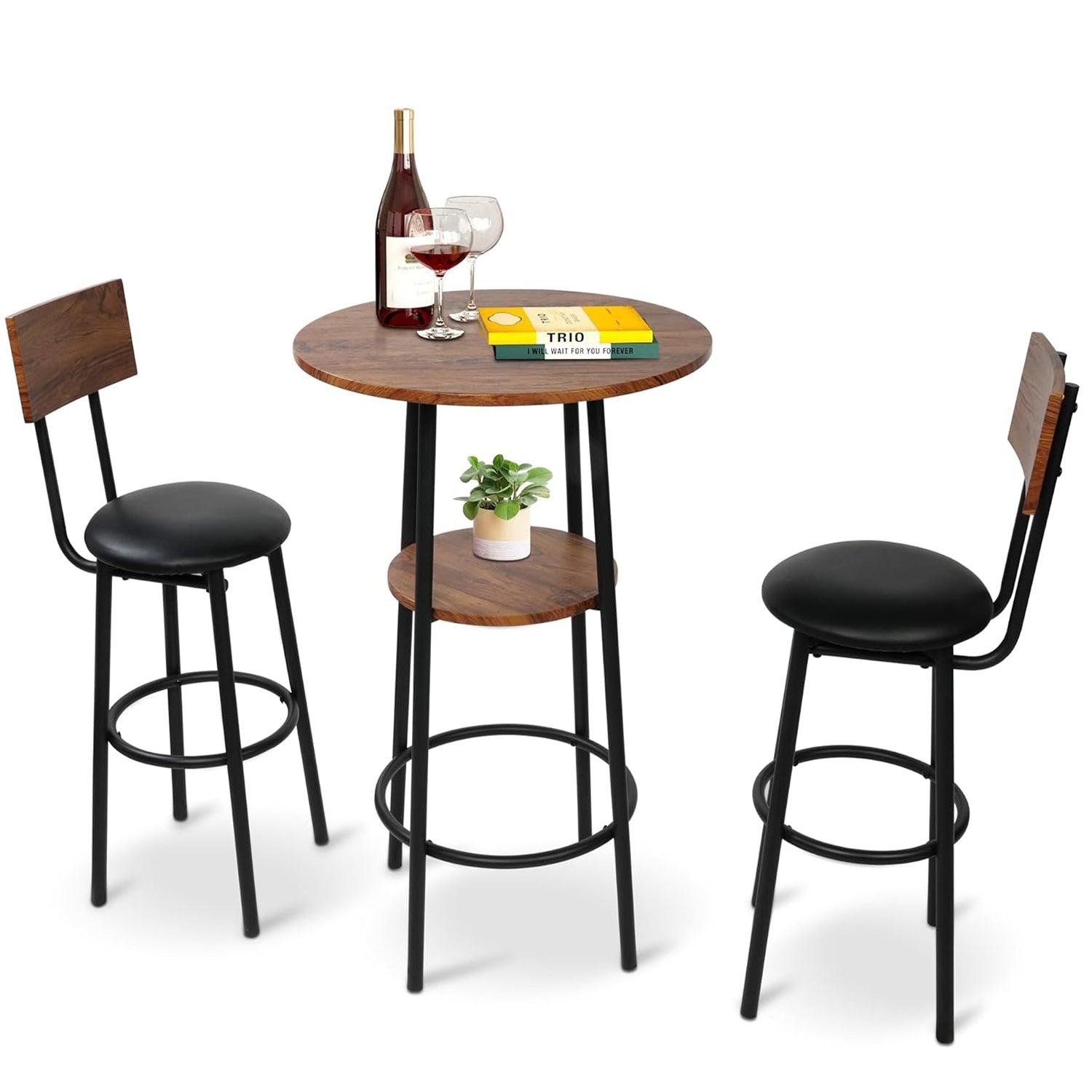 LUCKYERMORE Round Bar Table Set, 2-Tier Table 23.6" for 2 with 2 Upholstered Bar Stools with Backrest