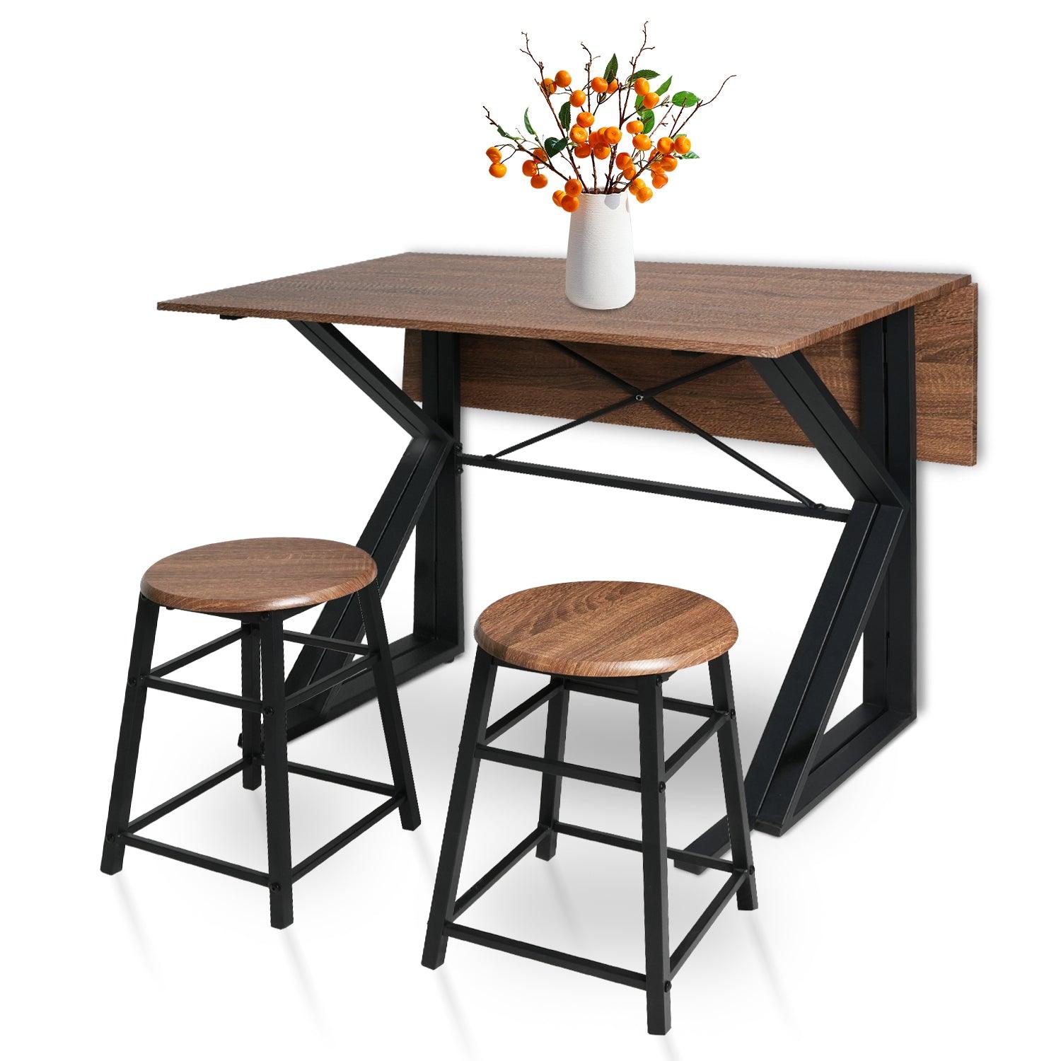 LUCKYERMORE Drop Leaf Dining Table Set for Small Space, 35.4" Drop Leaf Table with 2 Stools