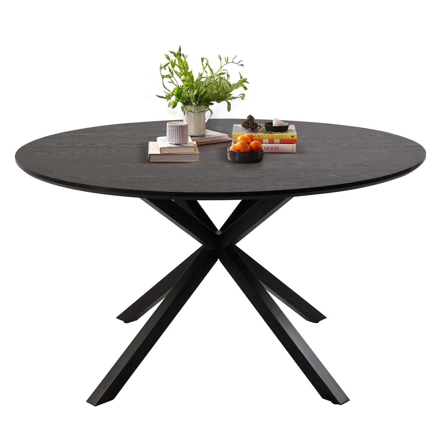 LUCKYERMORE 53" Round Mid-Century Modern Wooden Kitchen Dining Table for 4-6 with Solid Metal Leg, Black Wood Grain