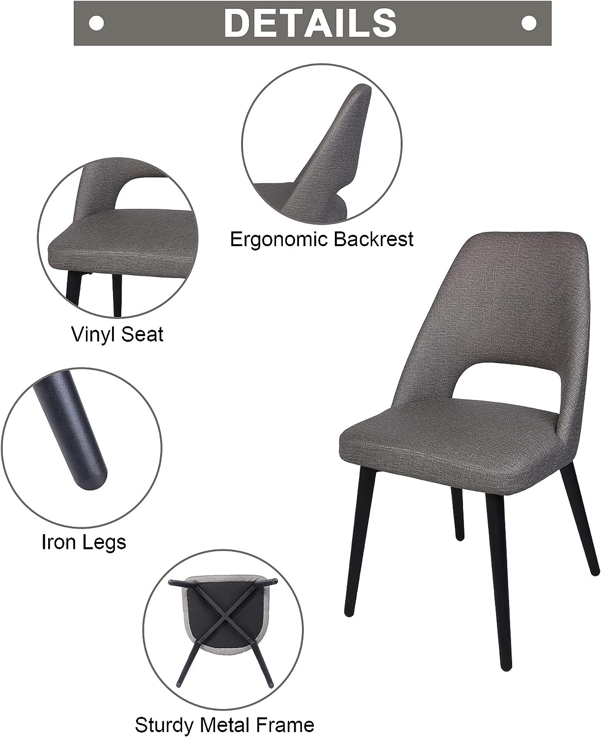 Set of 2 Modern Dining Room Chairs Upholstered Side Chairs with Soft PU Leather Seat Backrest, Gray