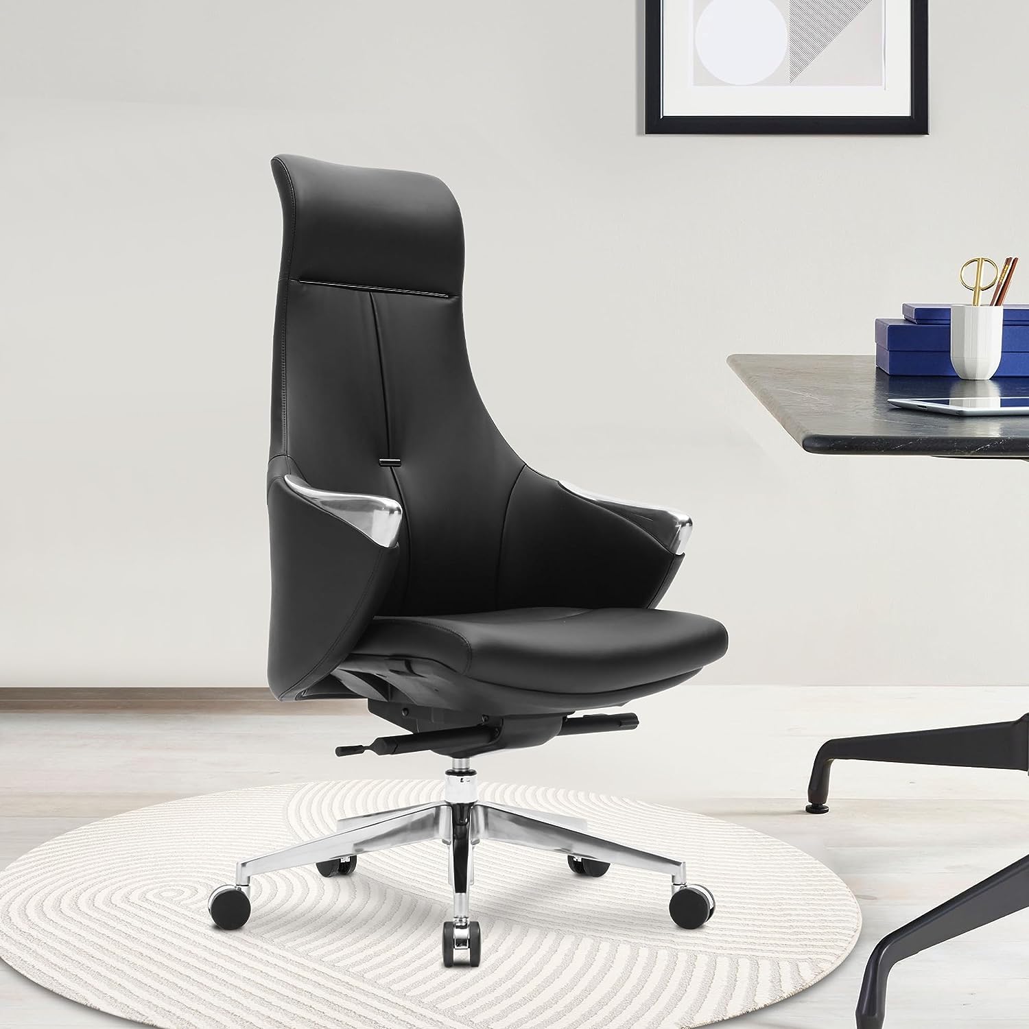 Executive Ergonomic Leather Office Chairs with Tilt and Height Adjustable, Black With Headrest