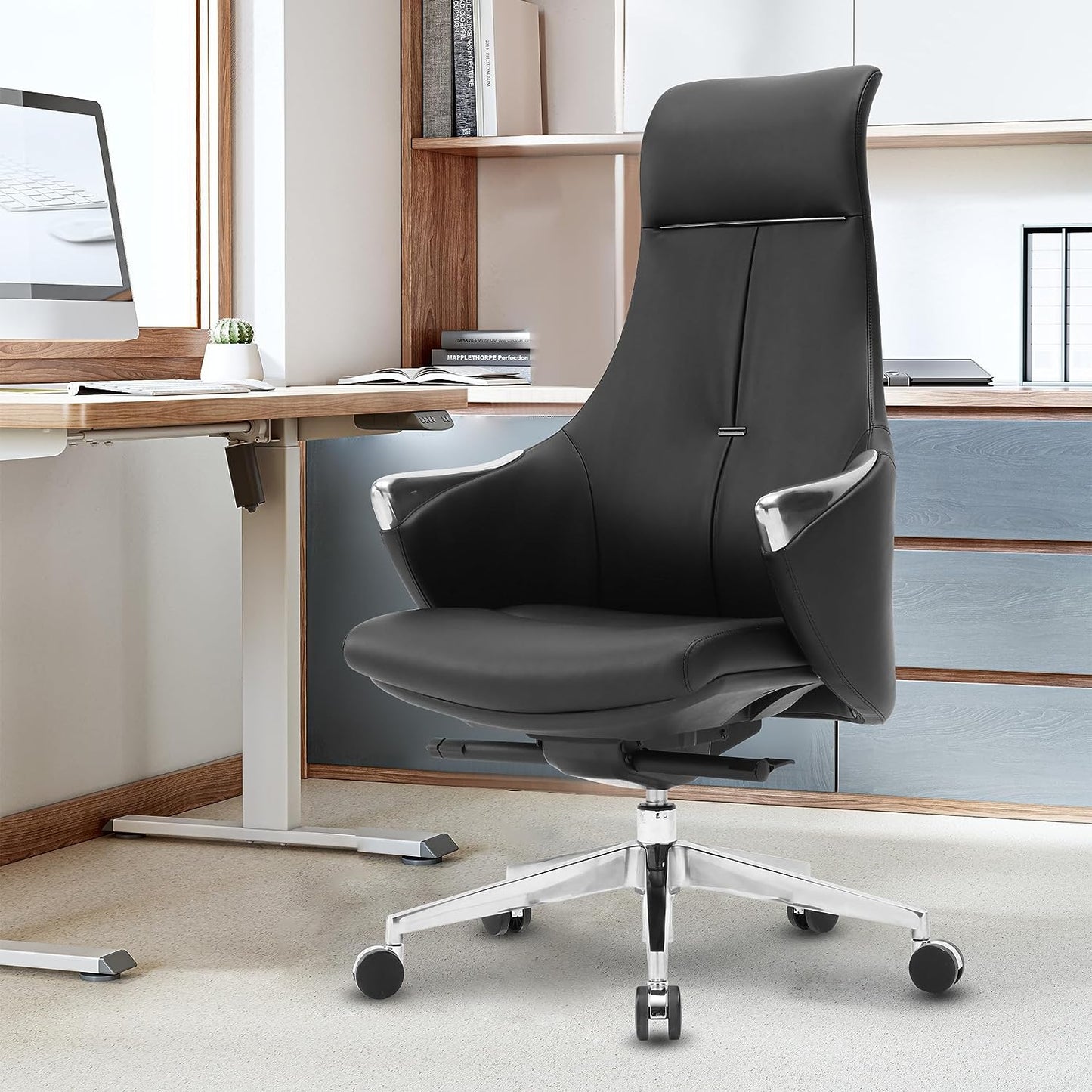 Executive Ergonomic Leather Office Chairs with Tilt and Height Adjustable, Black With Headrest