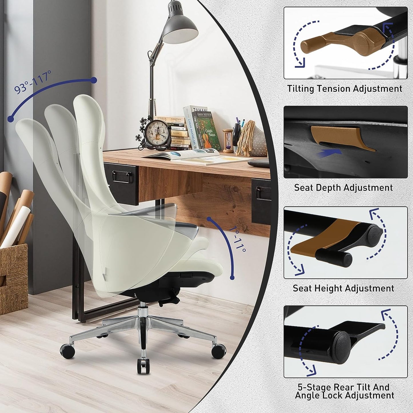 Executive Ergonomic Leather Office Chairs with Tilt and Height Adjustable, White With Headrest