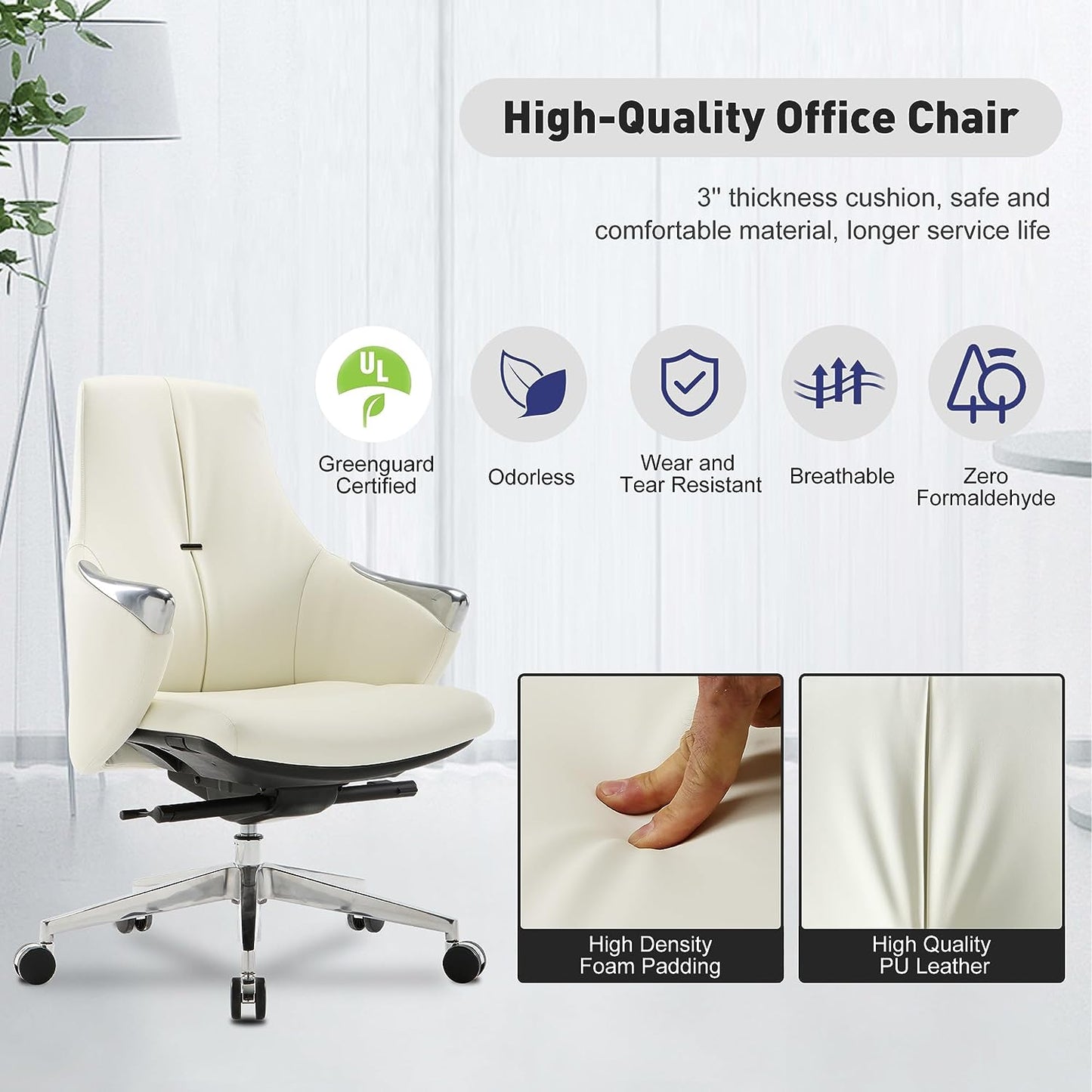 Executive Ergonomic Leather Office Chairs with Tilt and Height Adjustable, White