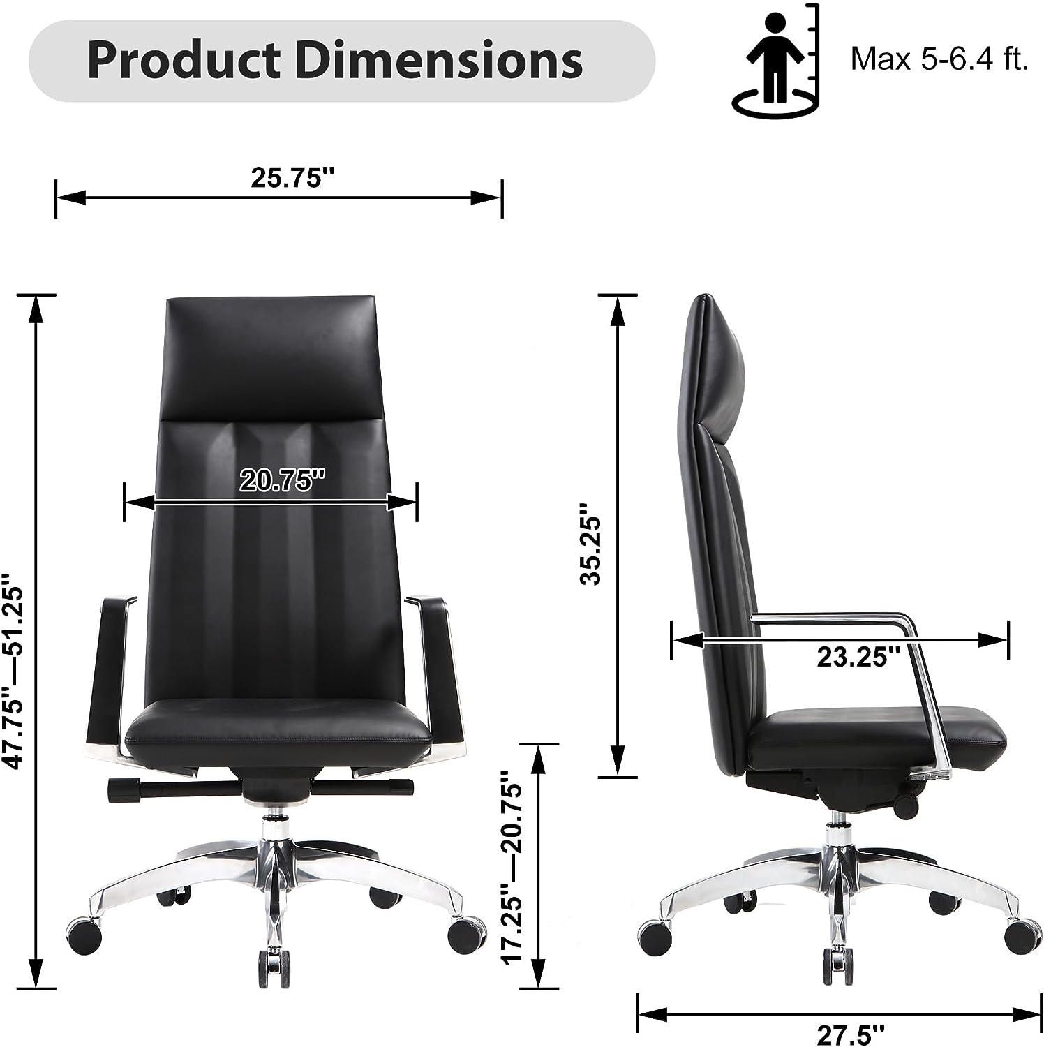 High Back Office Chair Ergonomic Leather Chairs with Headrest for Home Office, Black