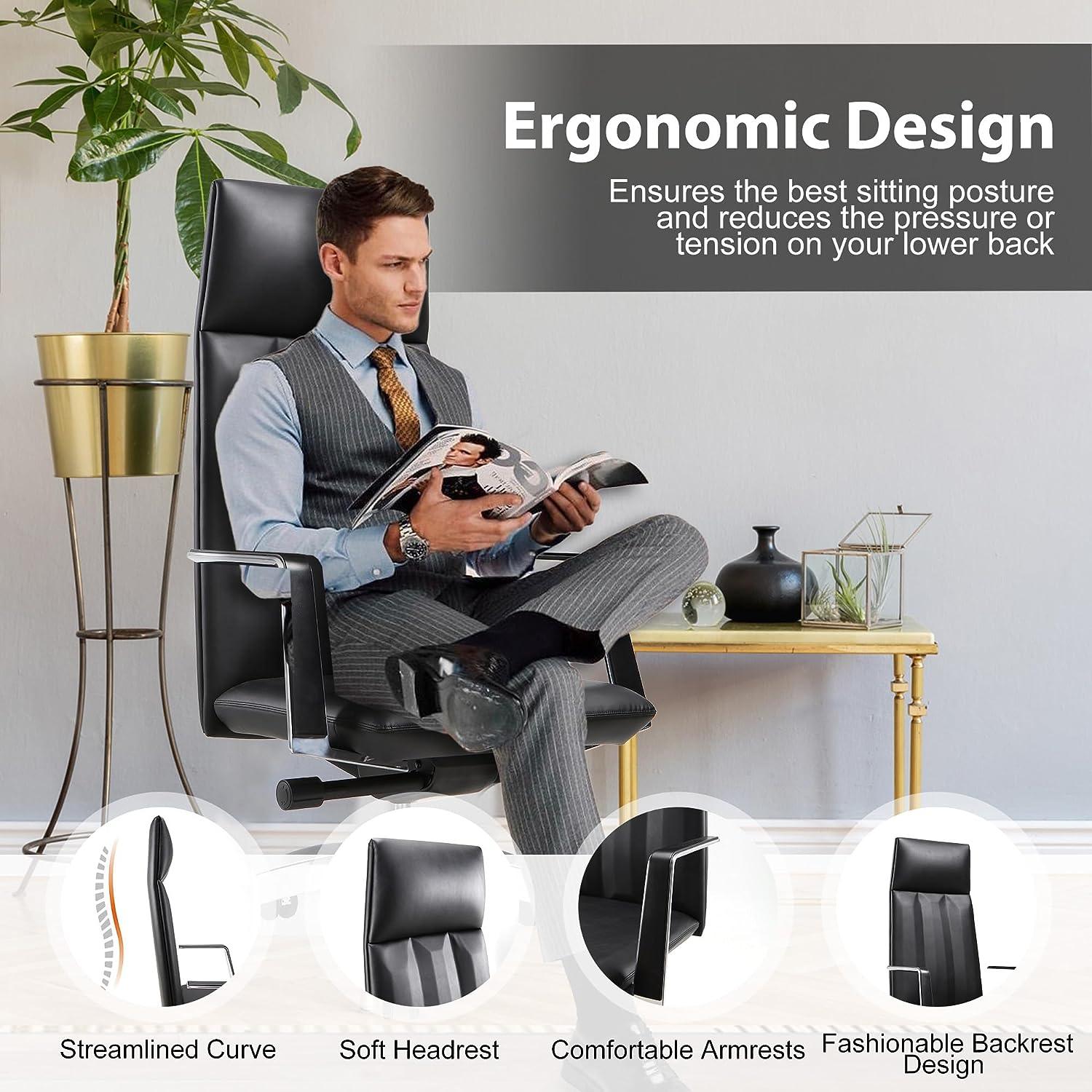 High Back Office Chair Ergonomic Leather Chairs with Headrest for Home Office, Black - Luckyermore