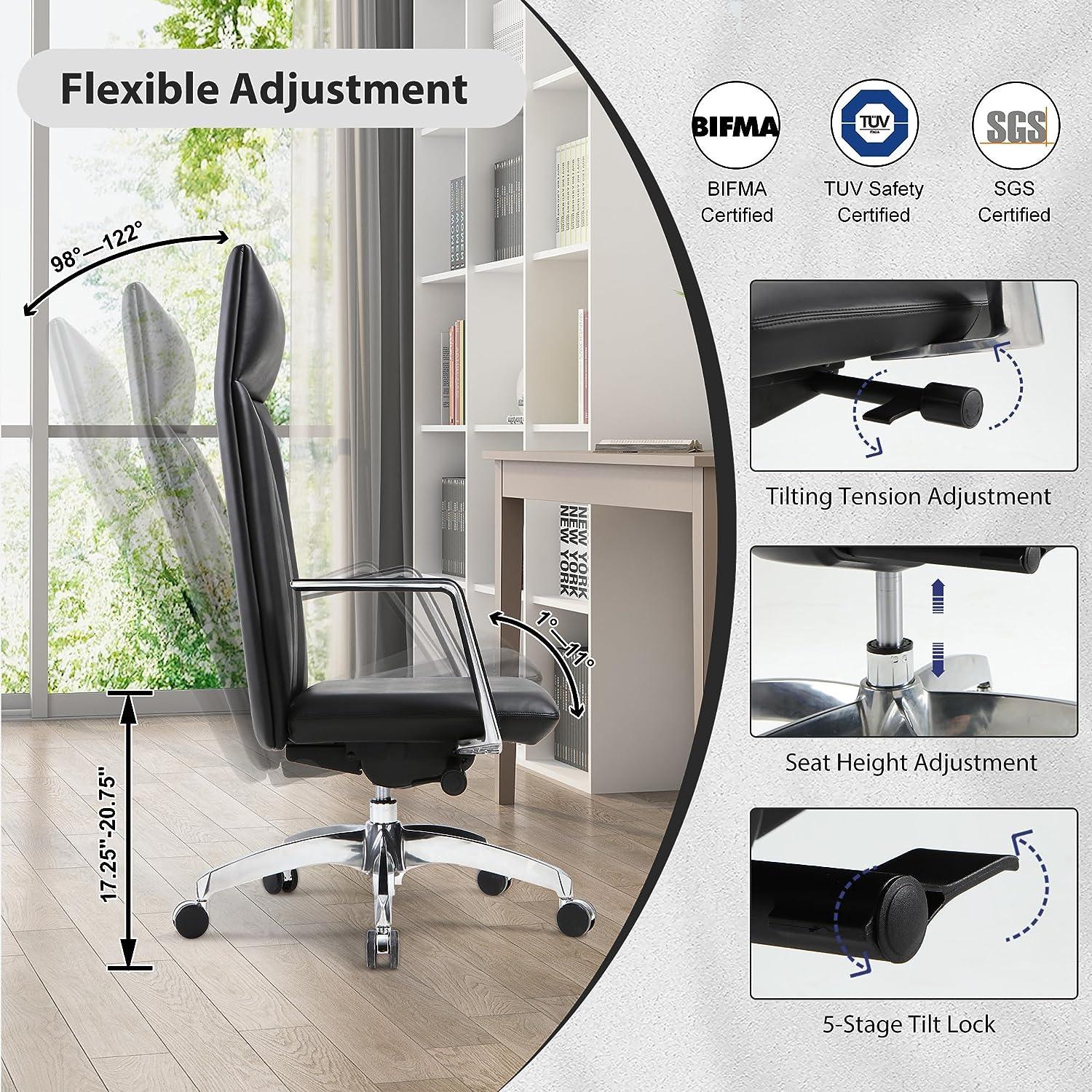 High Back Office Chair Ergonomic Leather Chairs with Headrest for Home Office, Black - Luckyermore