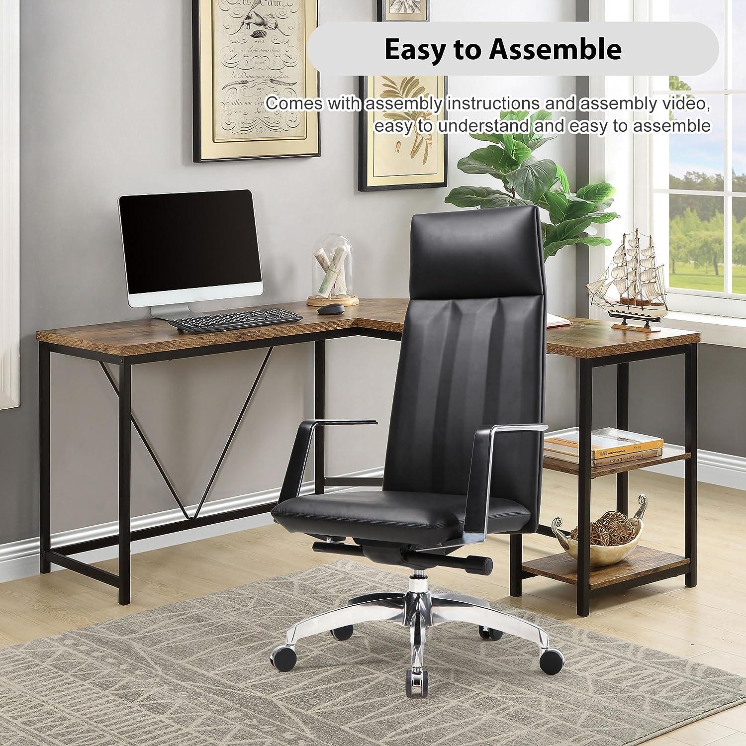 High Back Office Chair Ergonomic Leather Chairs with Headrest for Home Office, Black - Luckyermore