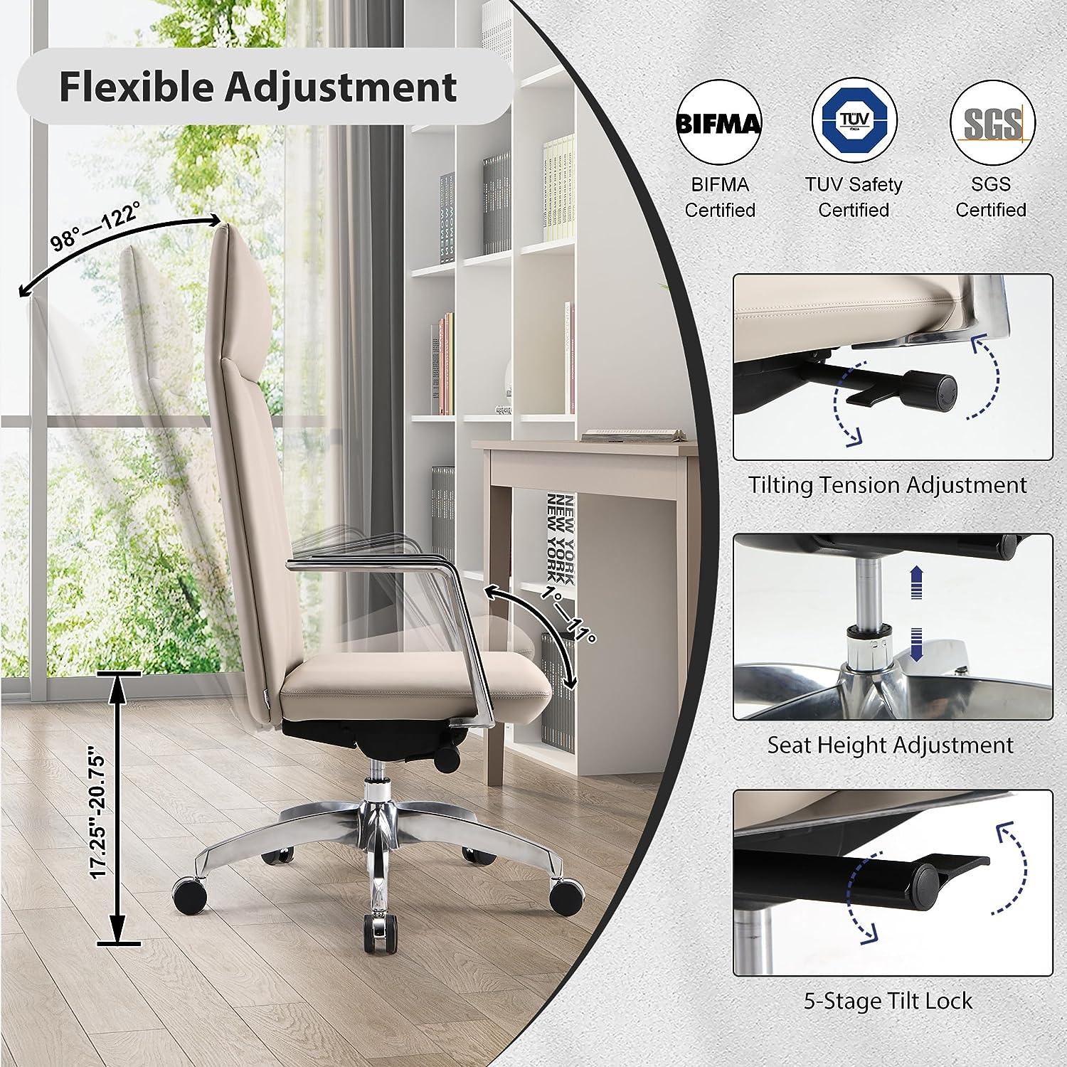 High Back Office Chair Ergonomic Leather Chairs with Headrest for Home Office, Khaki - Luckyermore
