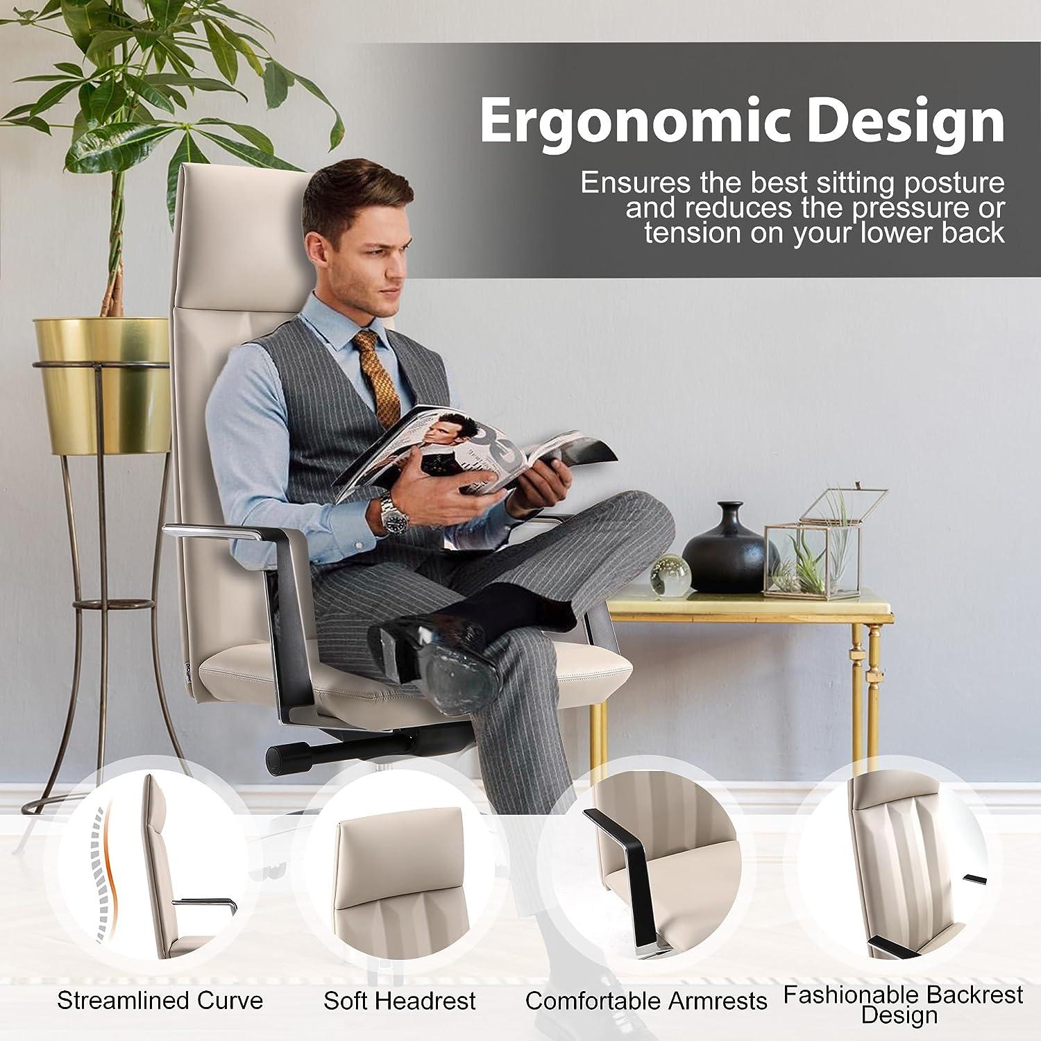 High Back Office Chair Ergonomic Leather Chairs with Headrest for Home Office, Khaki - Luckyermore
