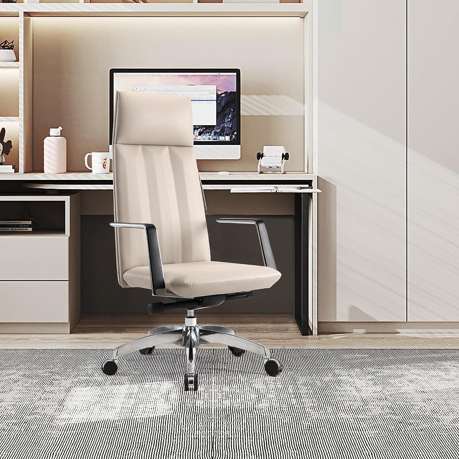 High Back Office Chair Ergonomic Leather Chairs with Headrest for Home Office, Khaki - Luckyermore