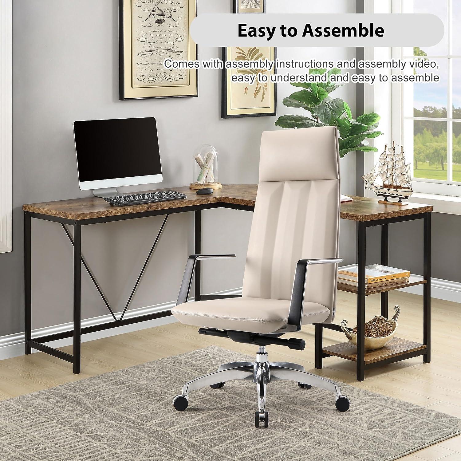 High Back Office Chair Ergonomic Leather Chairs with Headrest for Home Office, Khaki - Luckyermore