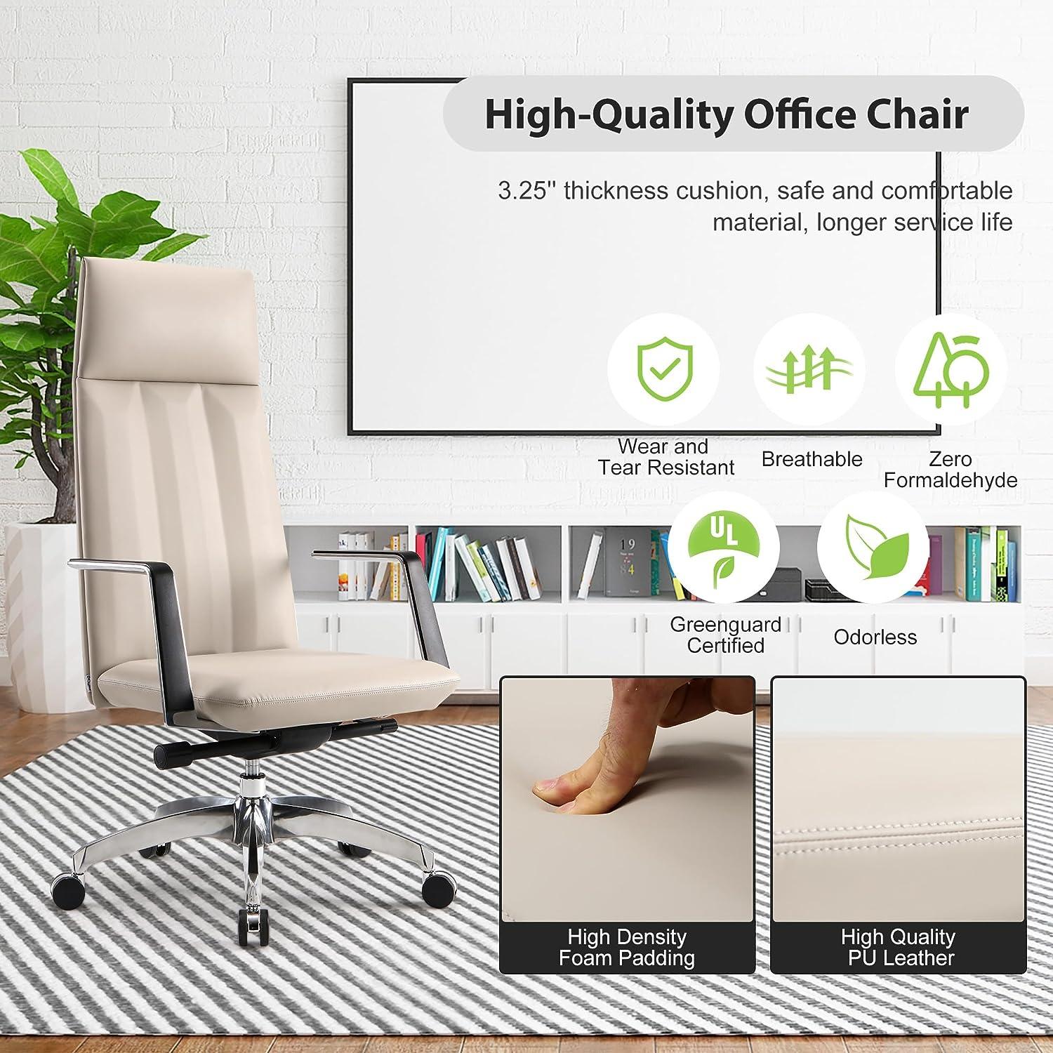 High Back Office Chair Ergonomic Leather Chairs with Headrest for Home Office, Khaki - Luckyermore
