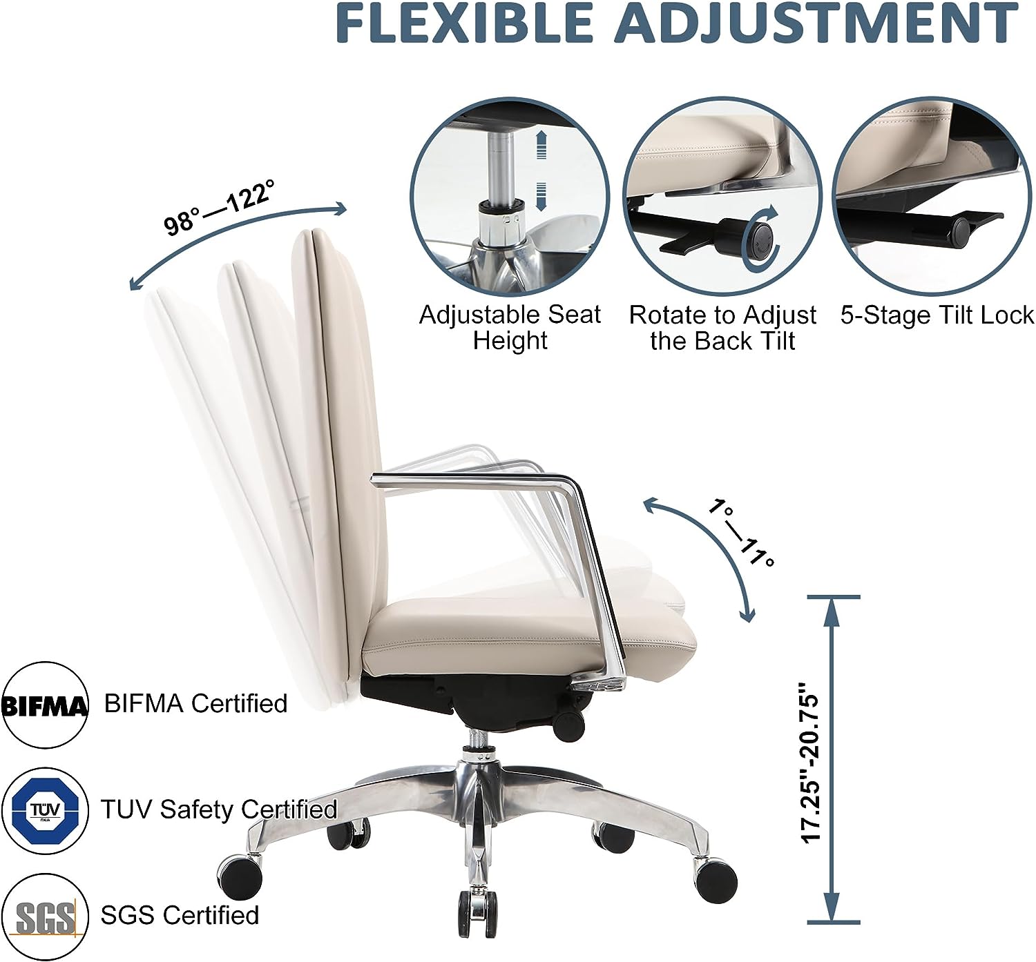 LUCKYERMORE Ergonomic Leather Office Chairs with Tilt and Height Adjustable, 360° Swivel for Home Office, Khaki