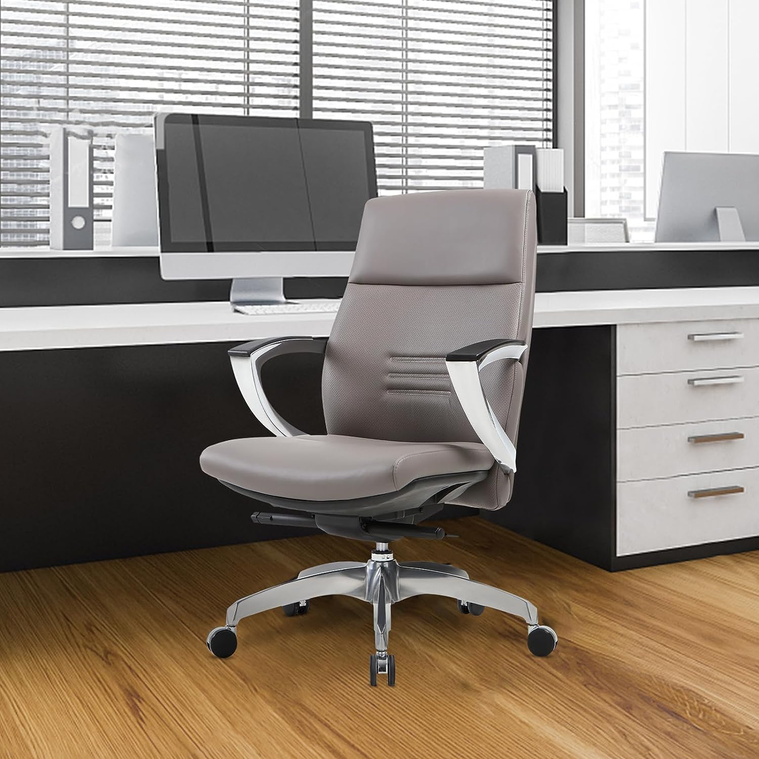 LUCKYERMORE Ergonomic Leather Office Chair with Adjustable Height and Tilt Function, 360° Swivel for Home Office, Gray