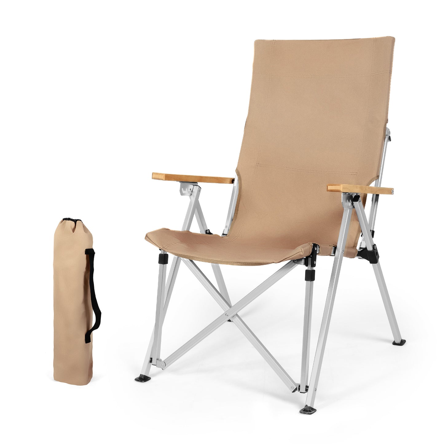 Portable Folding Camping Chair with 3 Positions Adjustable Wooden Armrest Aluminum Frame, Beige