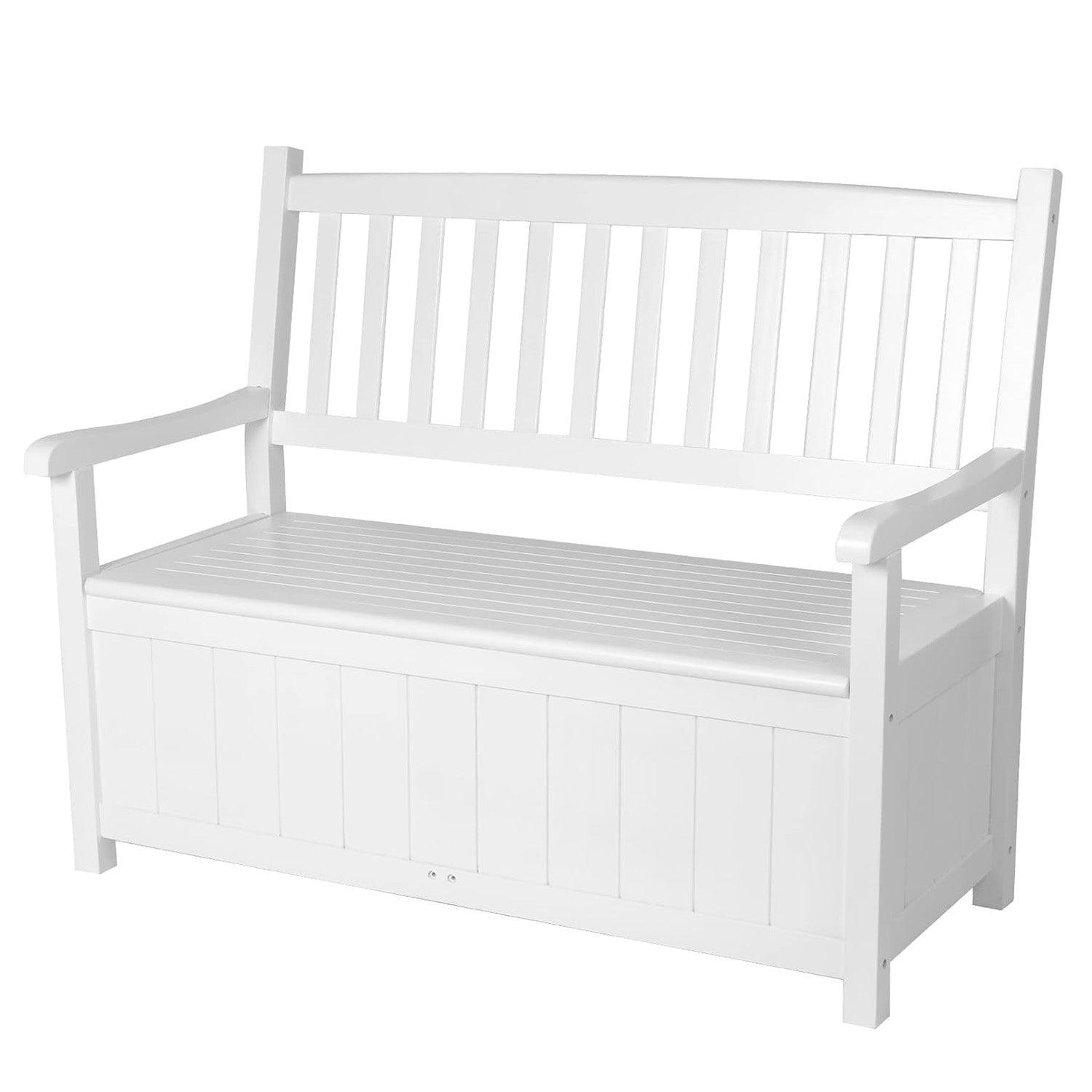 LUCKYERMORE Outdoor Storage Bench Wooden Deck Box Bench Outdoor Seating with Back, White