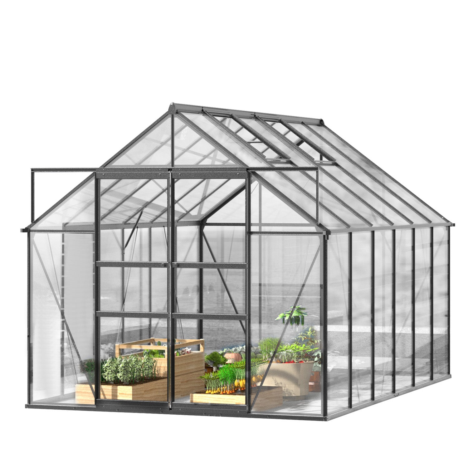 12x8 ft Walk-in Outdoor Greenhouse with Sliding Door, Vent Window, Rain Gutter