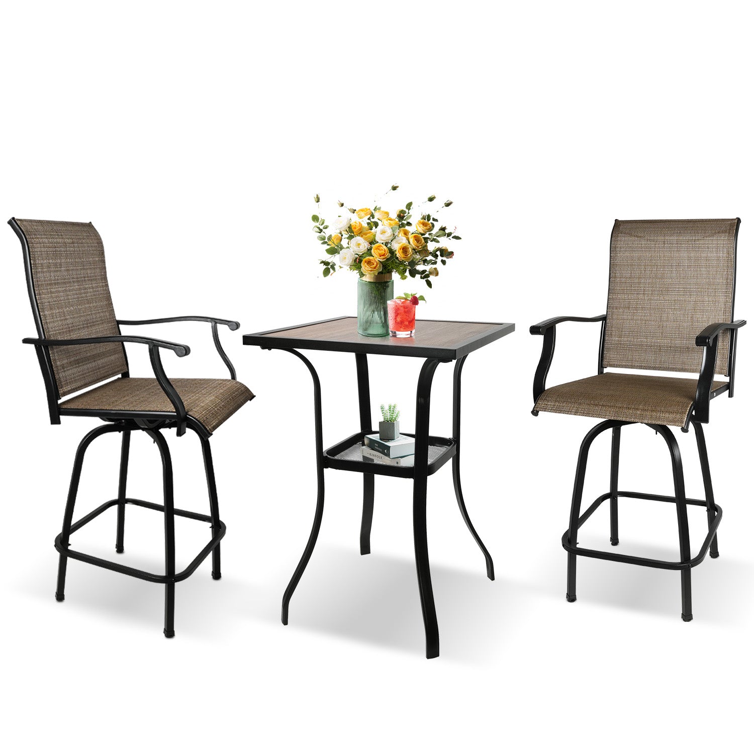 Outdoor Patio Swivel Bar Set with 2 Bar Chairs and 1 Square Table 27.5"