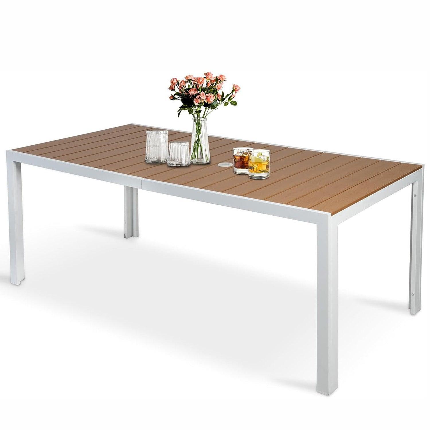 LUCKYERMORE 71" Outdoor Patio Dining Table for 6-8 Rectangular Table with Aluminum Frame Adjustable Umbrella Hole, Brown and White