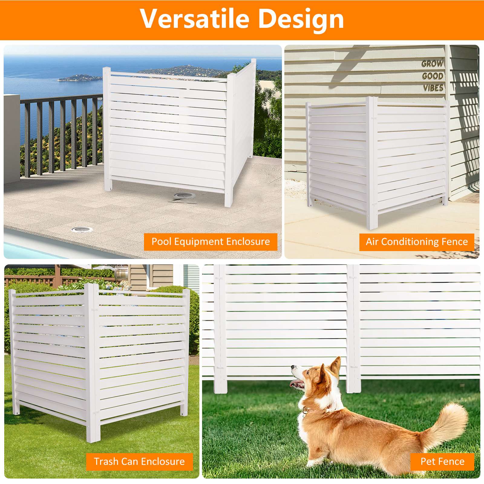48"W × 48"H Air Conditioner Fence Louvered 2 Panels Outdoor Privacy Vinyl Fence Panels, White - Luckyermore