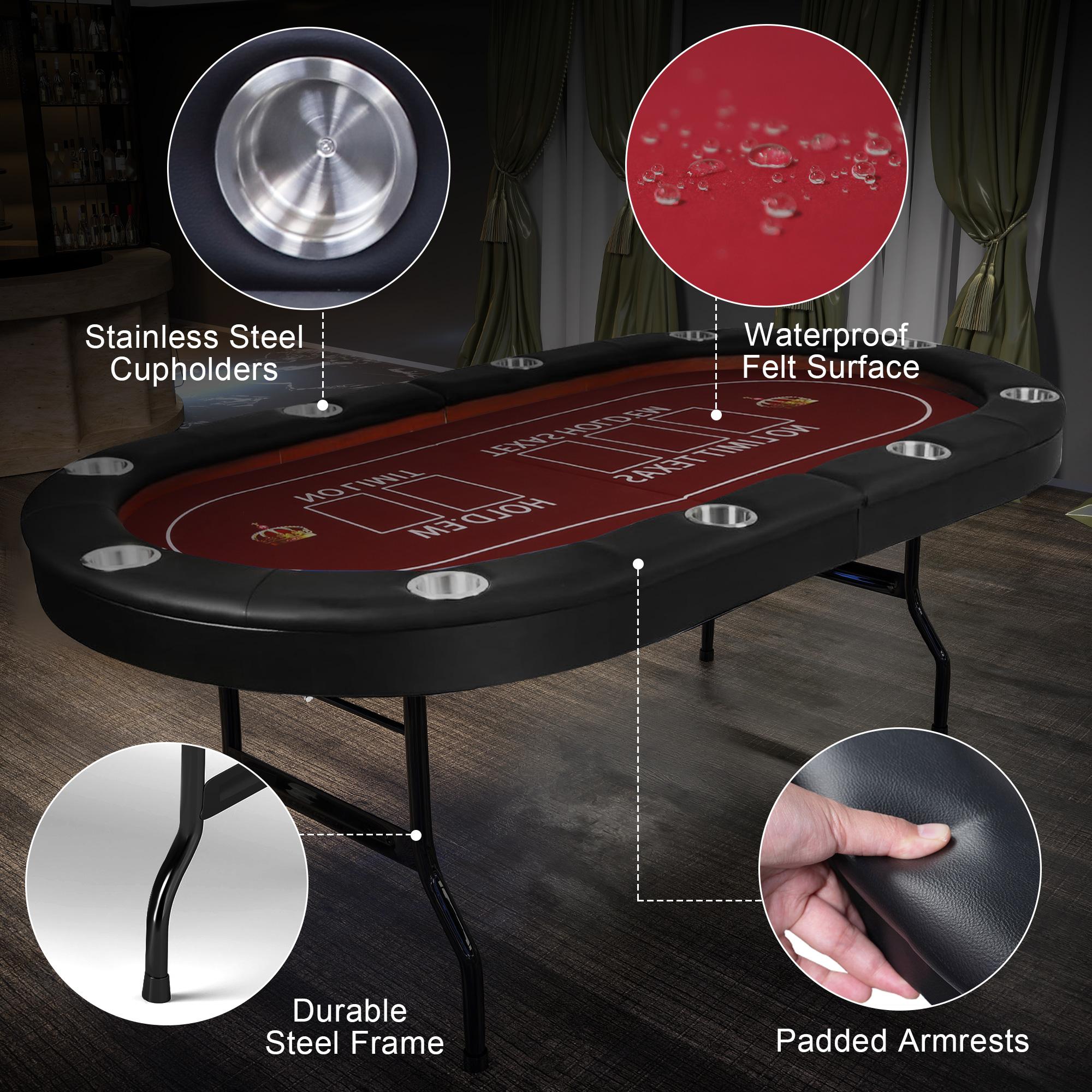 Upgraded 90.5" Folding Poker Table 10 Player Casino Texas Holdem Table for Blackjack Board Game, Red - Luckyermore