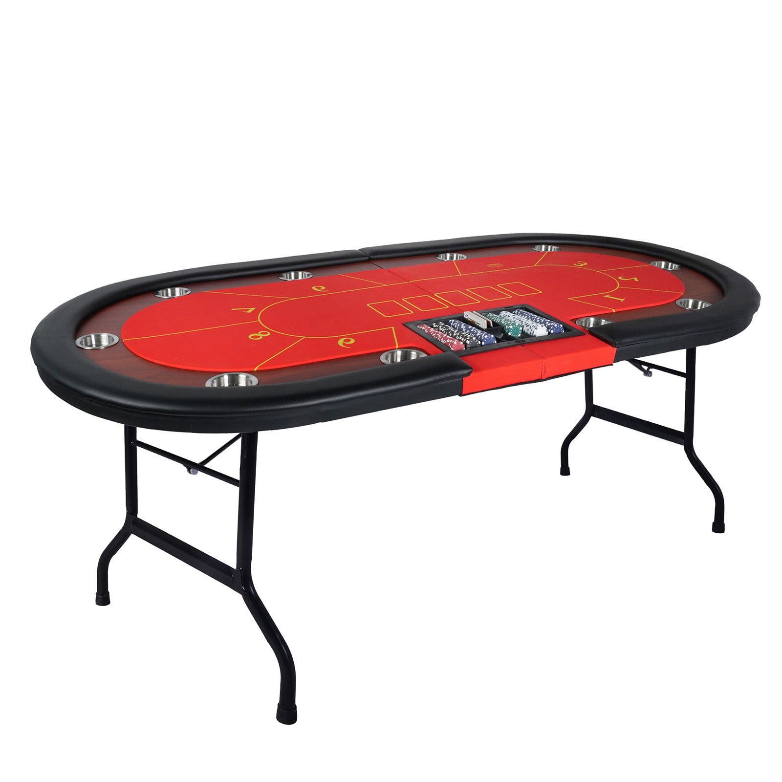 84" Folding Poker Table 10 Player Card Table with 10 Cup Holder for Texas Casino, Red - Luckyermore