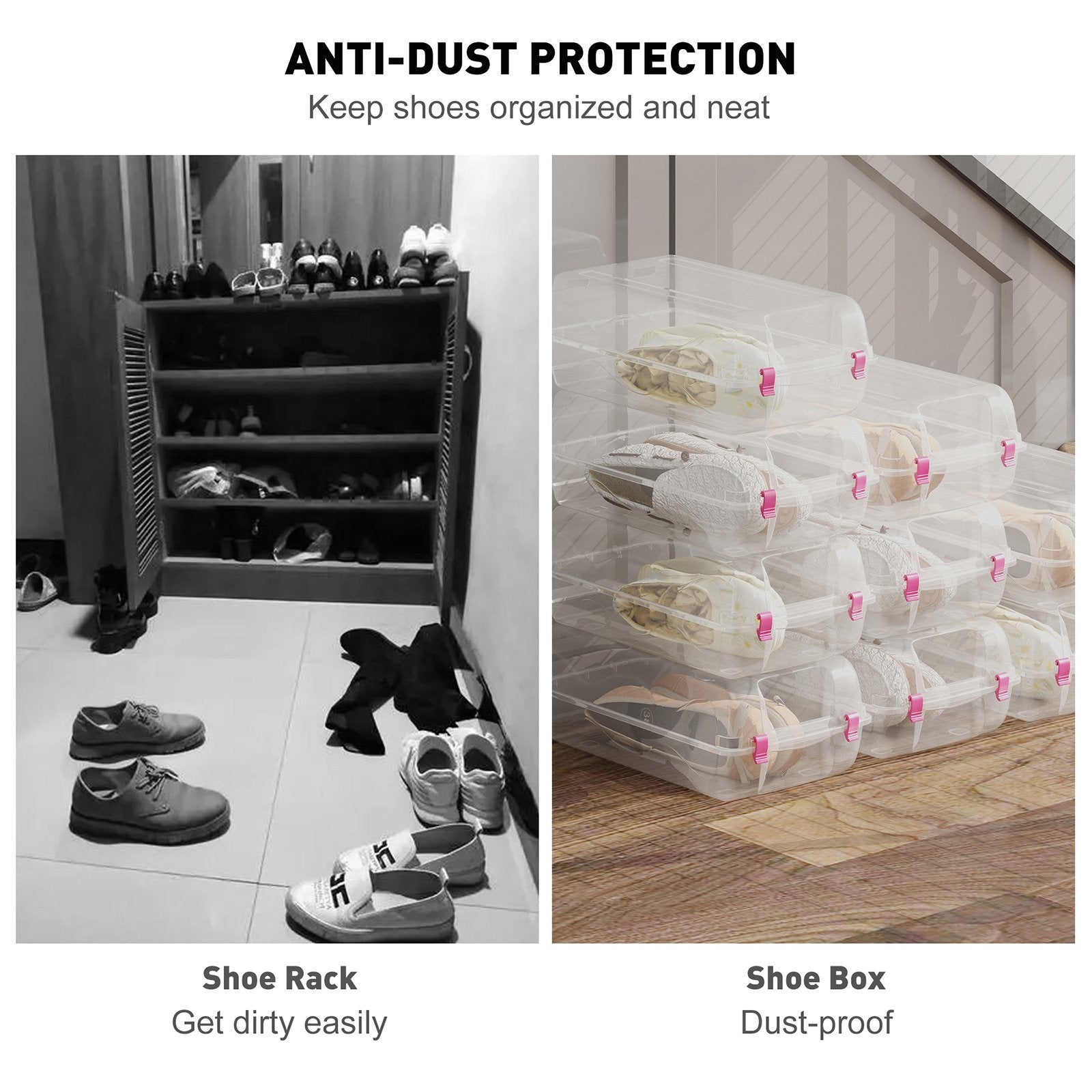 Set of 4 Shoe Storage Box Clear Plastic Stackable Shoe Organizer with Lids, Pink - Luckyermore
