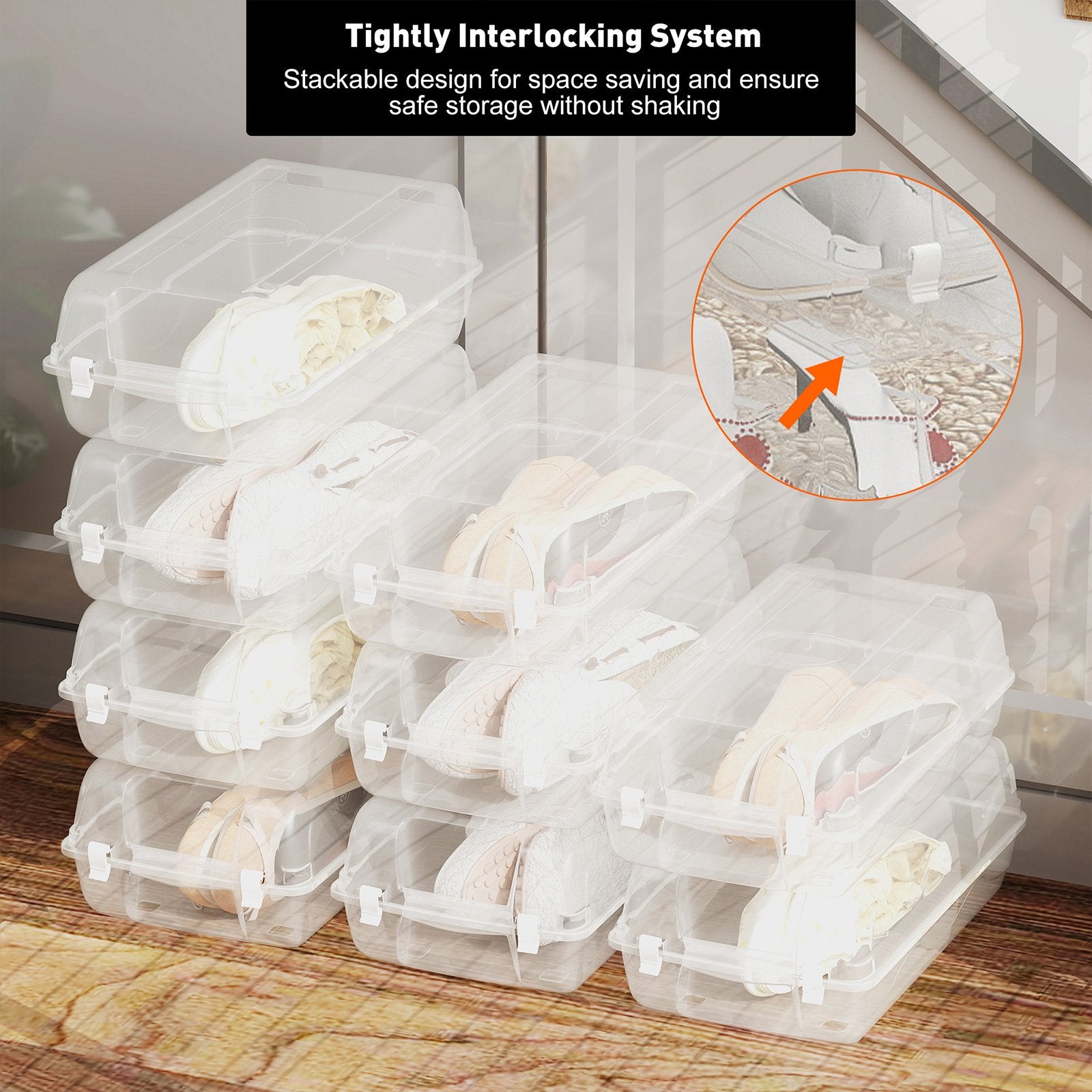 Set of 4 Shoe Storage Box Clear Plastic Stackable Shoe Organizer with Lids, White - Luckyermore