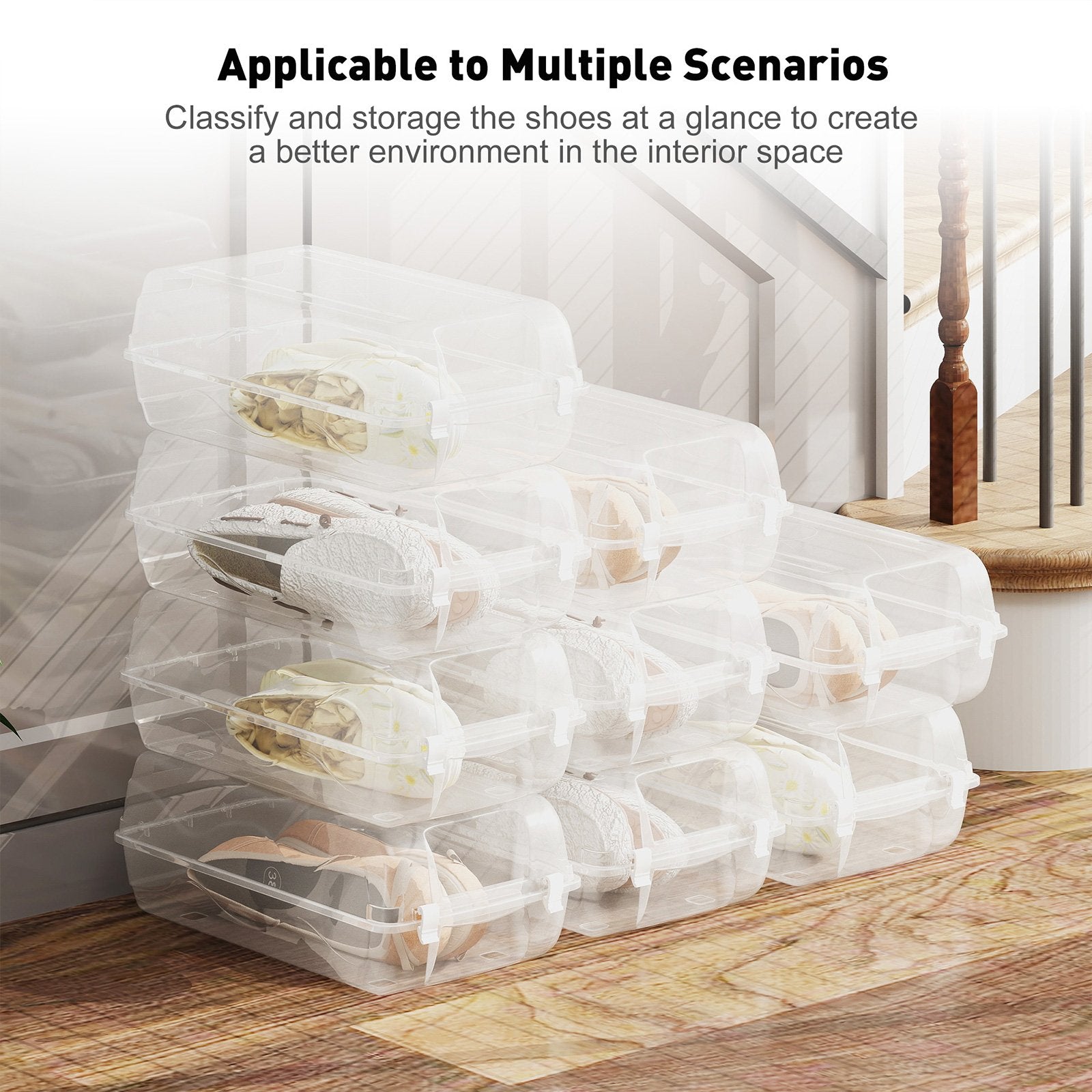 Set of 4 Shoe Storage Box Clear Plastic Stackable Shoe Organizer with Lids, White - Luckyermore