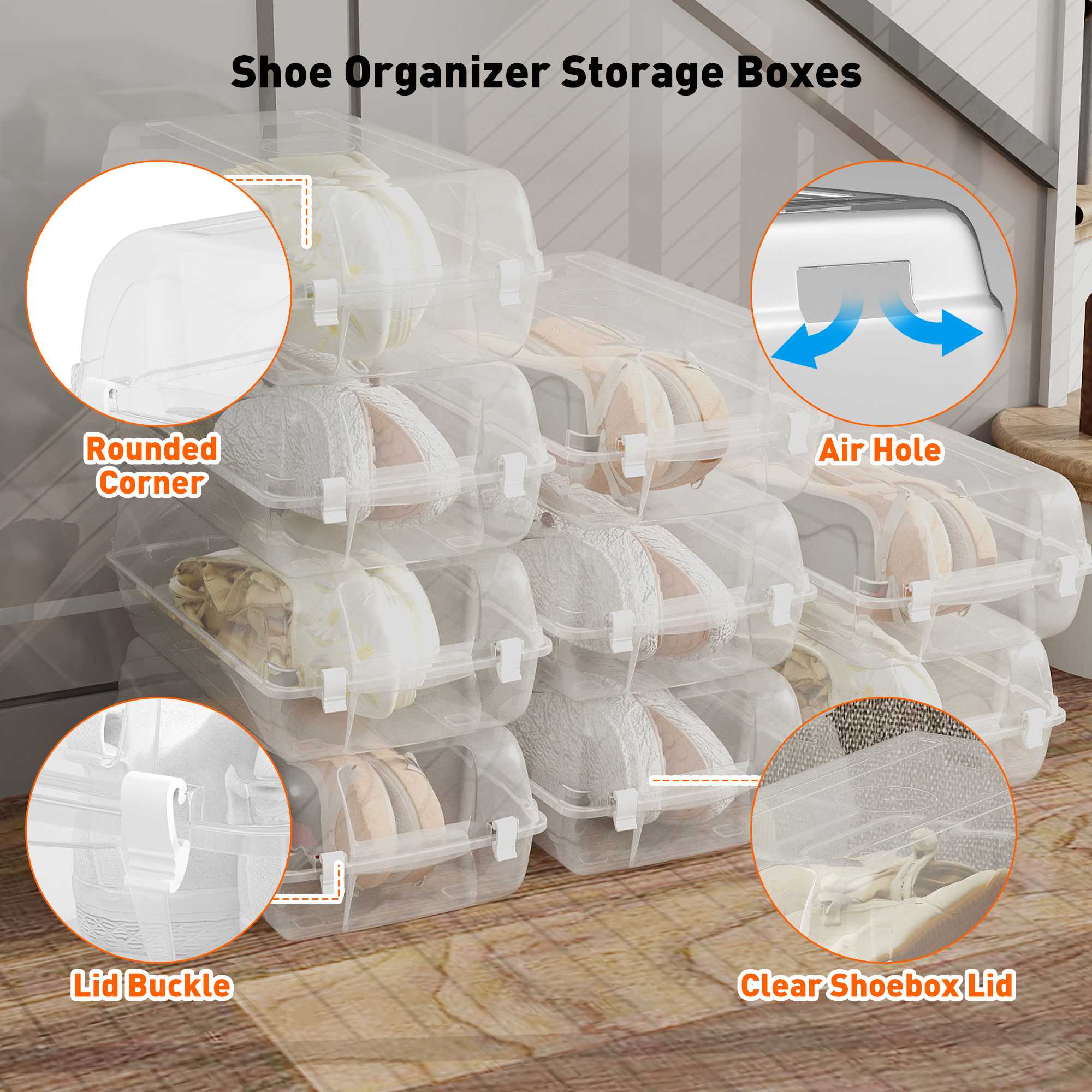 Set of 4 Shoe Storage Box Clear Plastic Stackable Shoe Organizer with Lids, White - Luckyermore