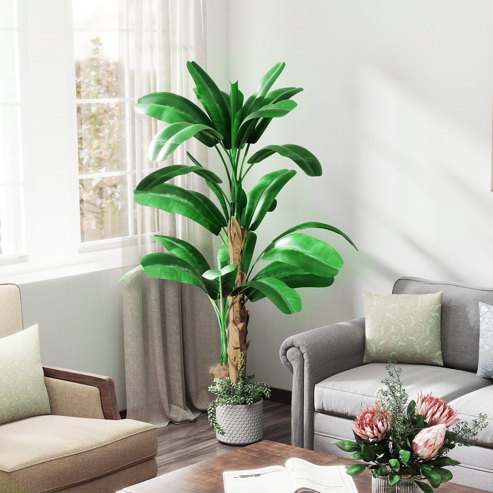 6.2ft Artificial Banana Tree Plant with Decorative Leaves Faux Plant with Pot, Green - Luckyermore