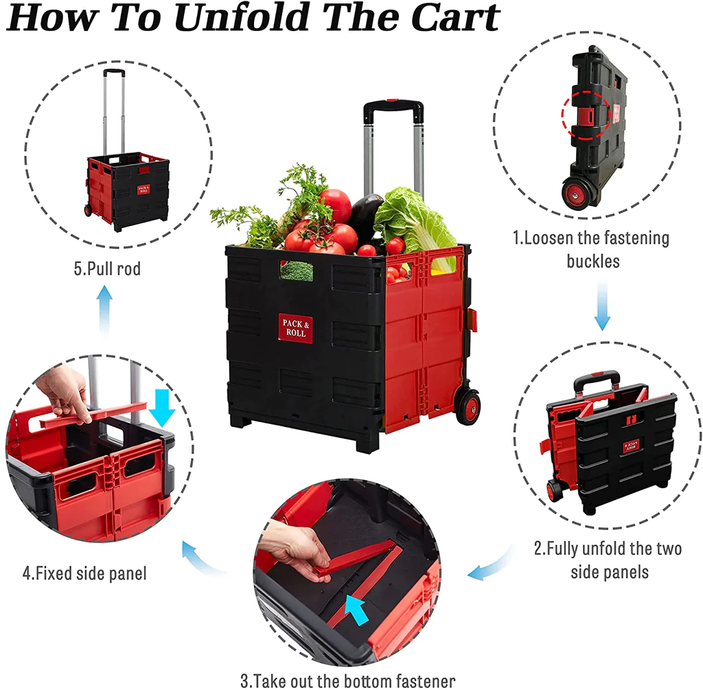LUCKYERMORE 55lbs Collapsible Rolling Crate Transit Utility Cart Foldable Grocery Cart with Wheels, Red