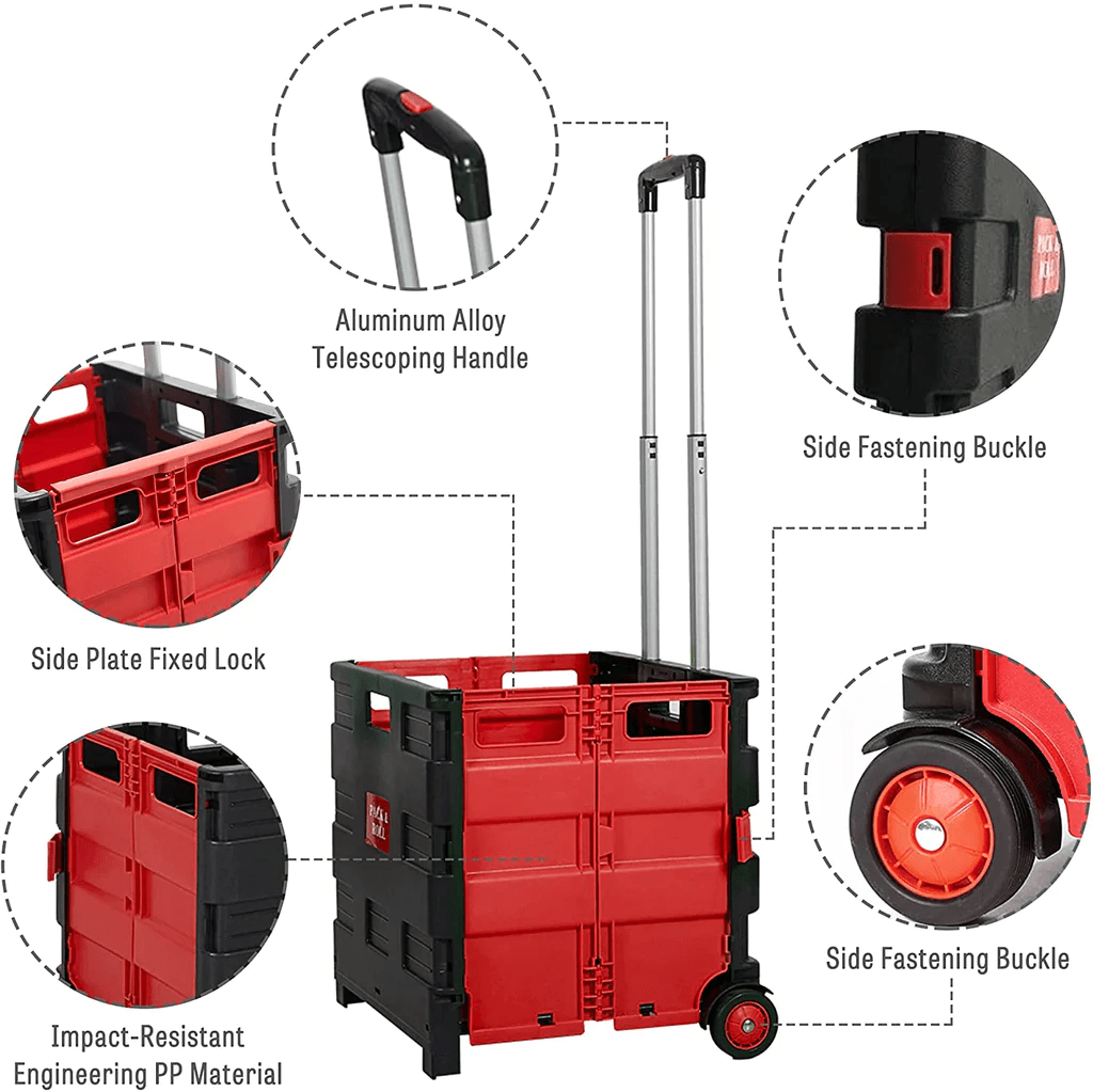 LUCKYERMORE 55lbs Collapsible Rolling Crate Transit Utility Cart Foldable Grocery Cart with Wheels, Red