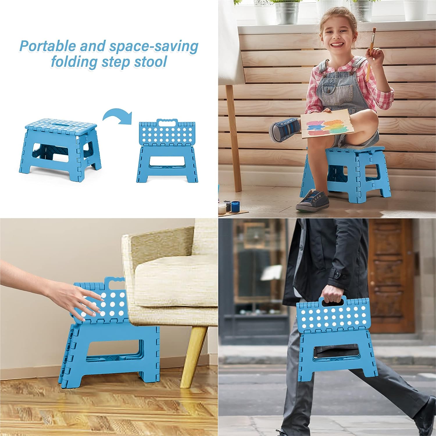 Set of 2 Folding Step Stool 8.7" with Non-Slip Surface and Portable Handle, Blue
