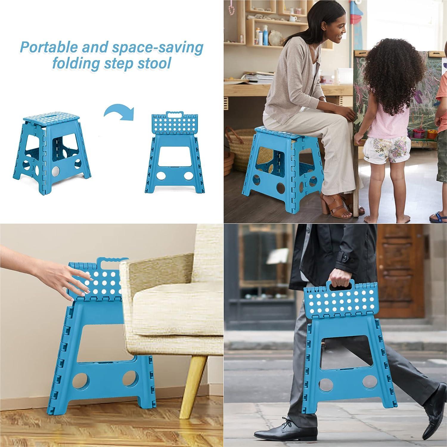 Set of 2 Folding Step Stool 15.7" with Non-Slip Surface and Portable Handle, Blue - Luckyermore