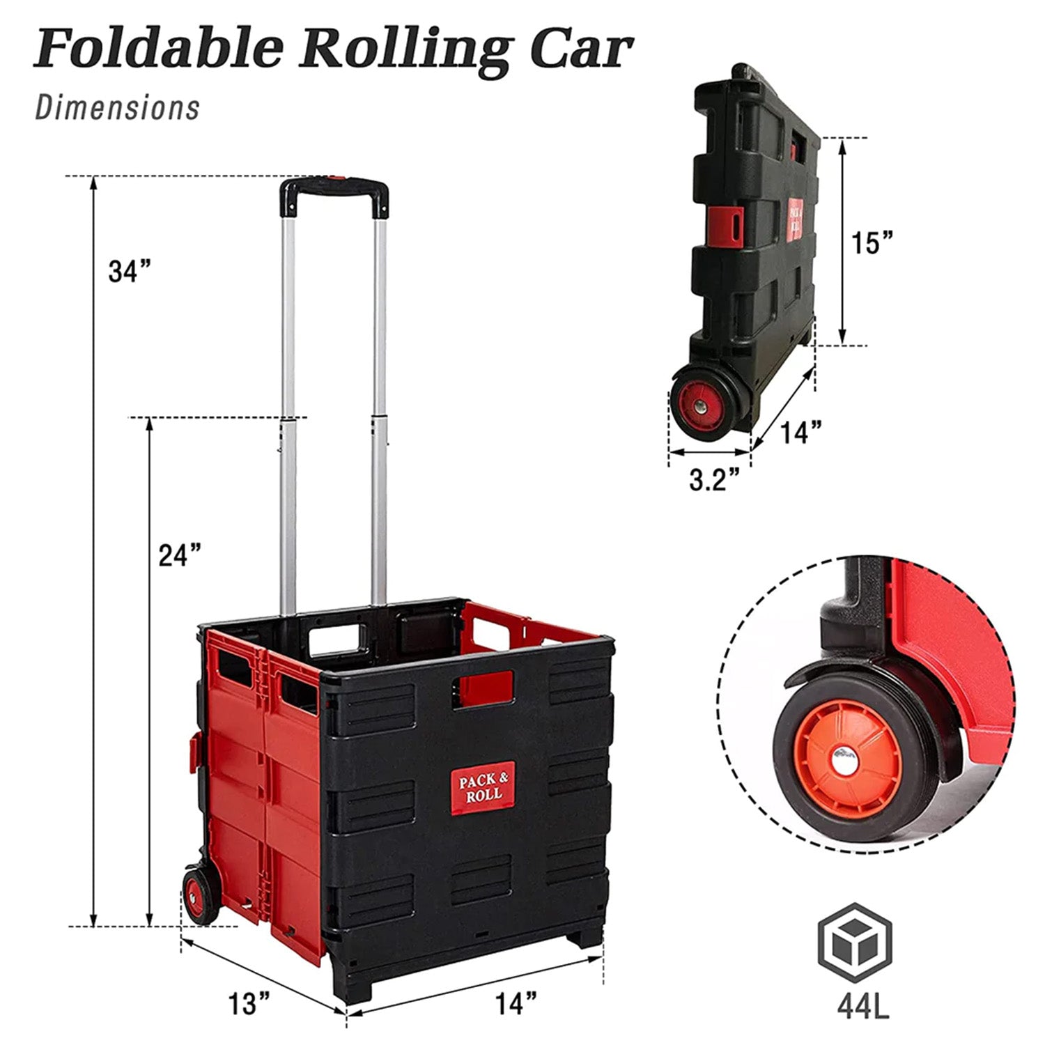 56L Collapsible Rolling Crate Utility Cart Foldable Grocery Cart with Wheels, Red - Luckyermore
