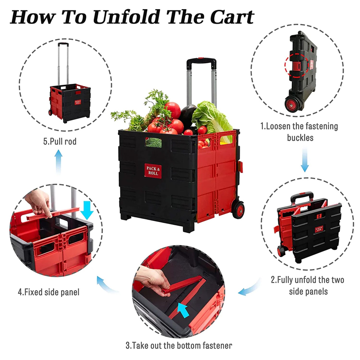 56L Collapsible Rolling Crate Utility Cart Foldable Grocery Cart with Wheels, Red - Luckyermore