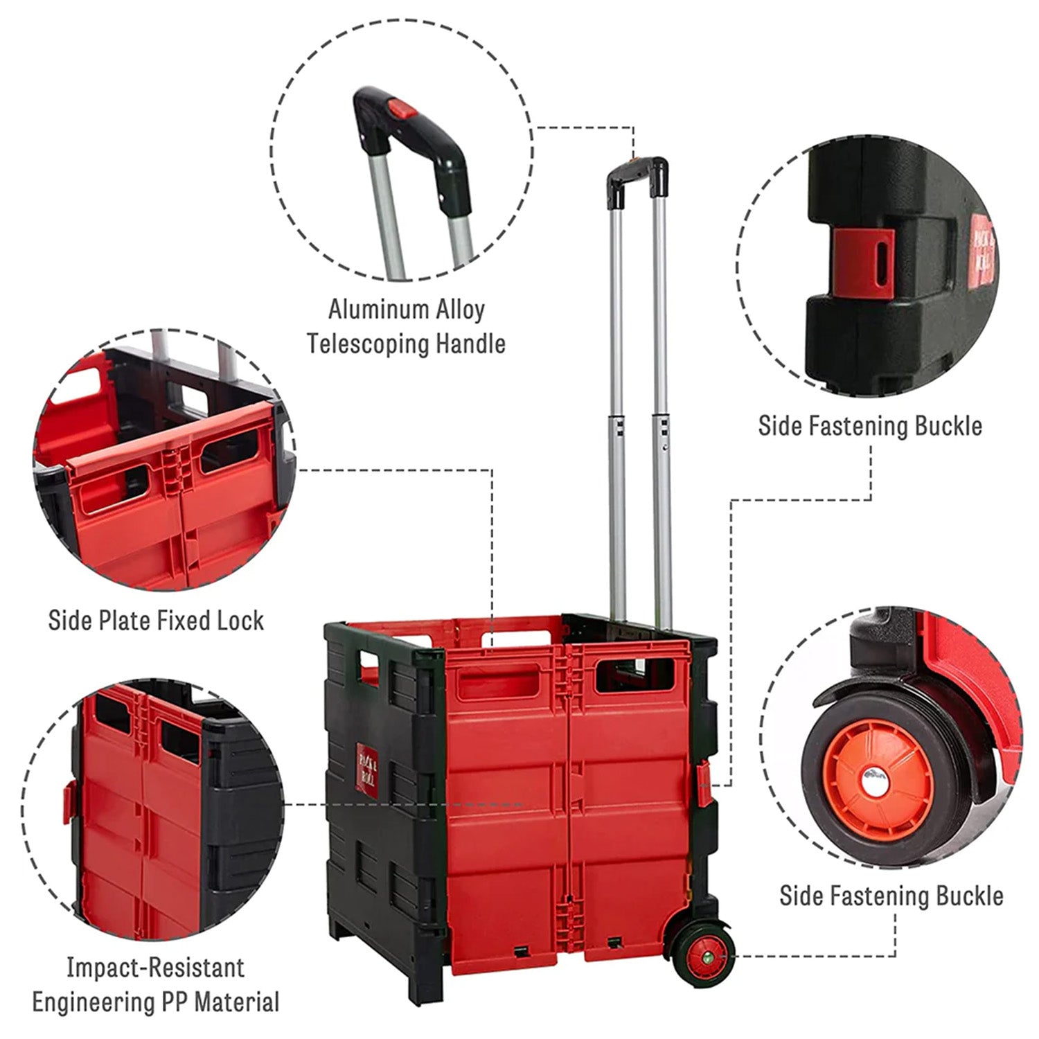 56L Collapsible Rolling Crate Utility Cart Foldable Grocery Cart with Wheels, Red - Luckyermore