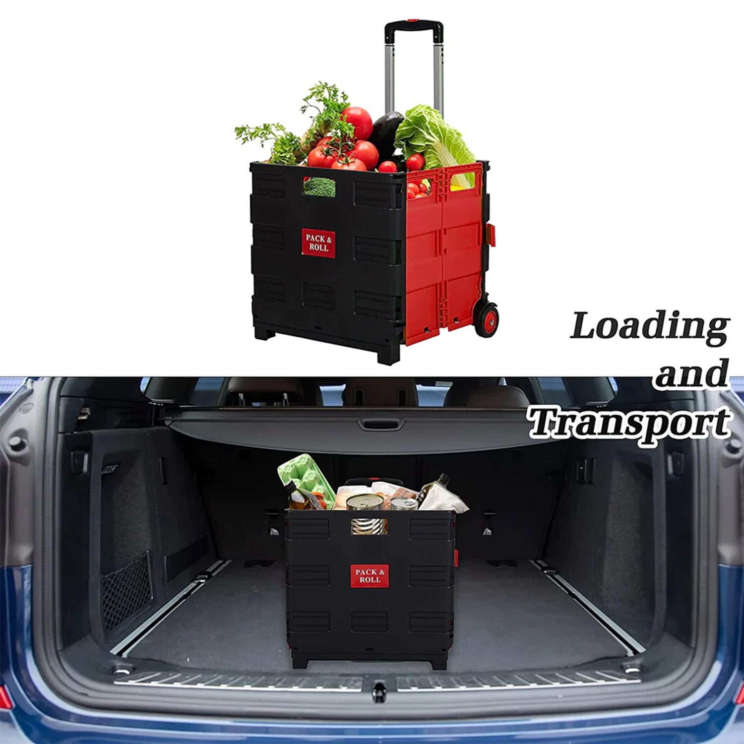 56L Collapsible Rolling Crate Utility Cart Foldable Grocery Cart with Wheels, Red - Luckyermore